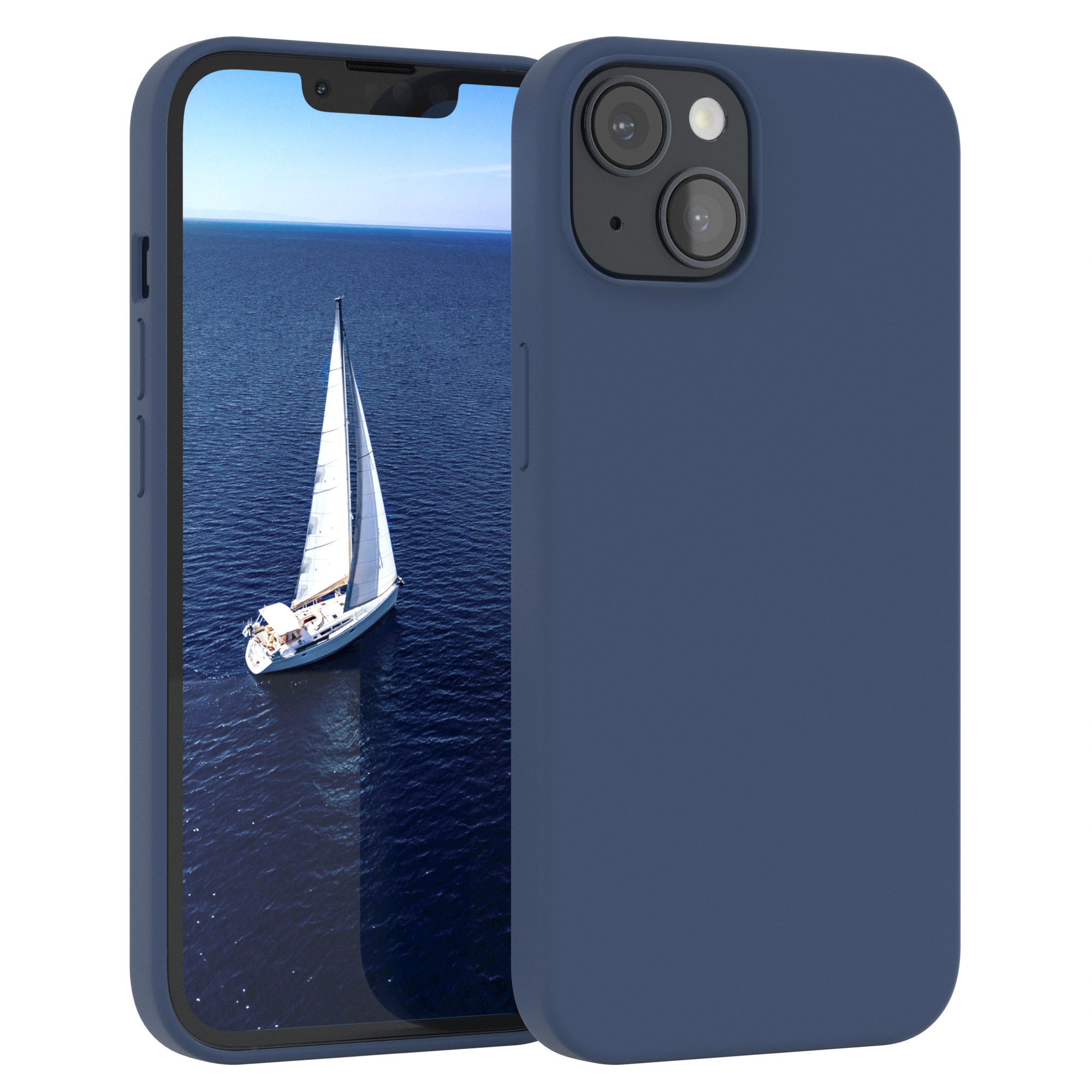 Blaue Handyhülle mit einem Telefon, das ein Segelboot auf dem Meer zeigt.