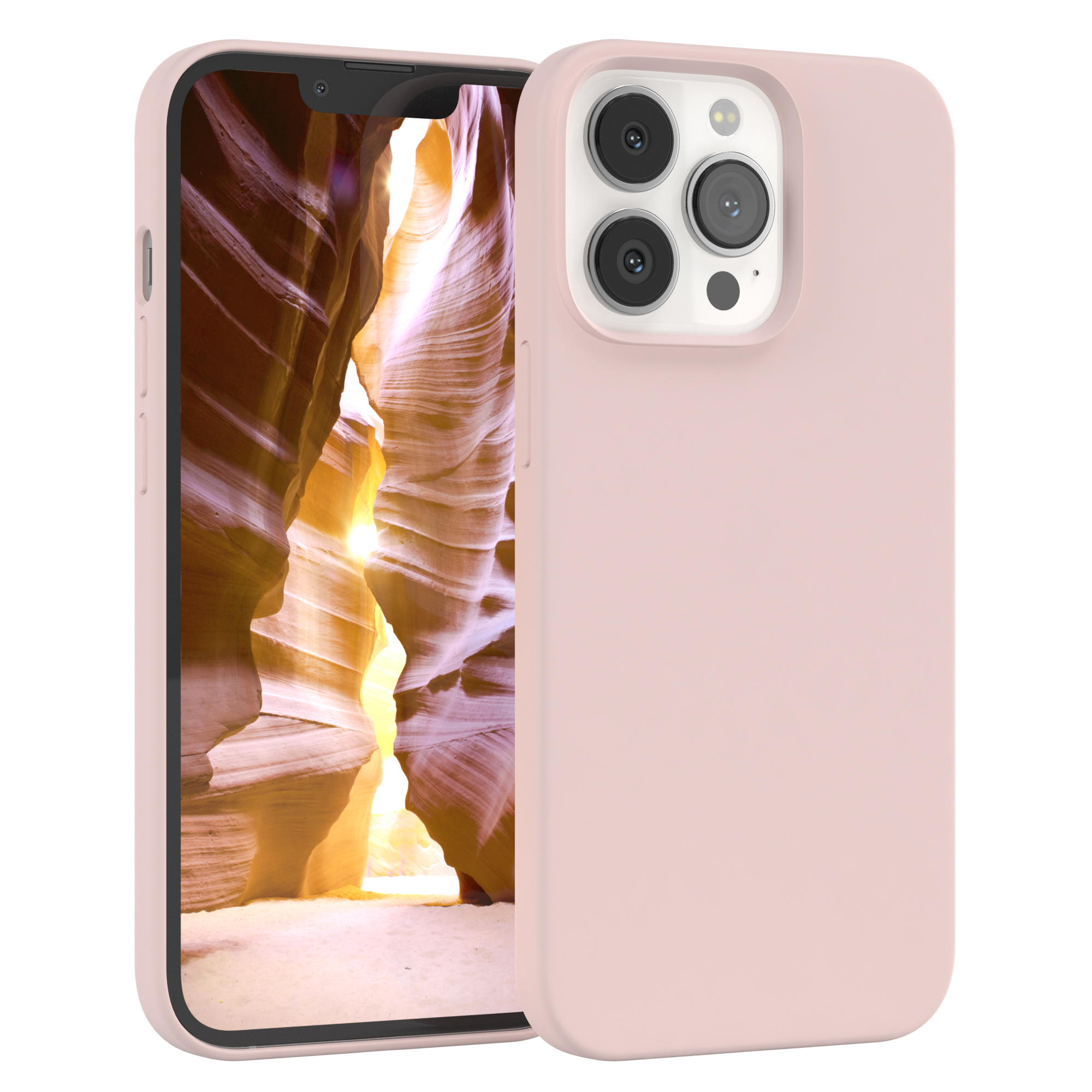 Rosa Handyhülle und Telefon. Der Bildschirm zeigt einen orange-rosa Canyon.