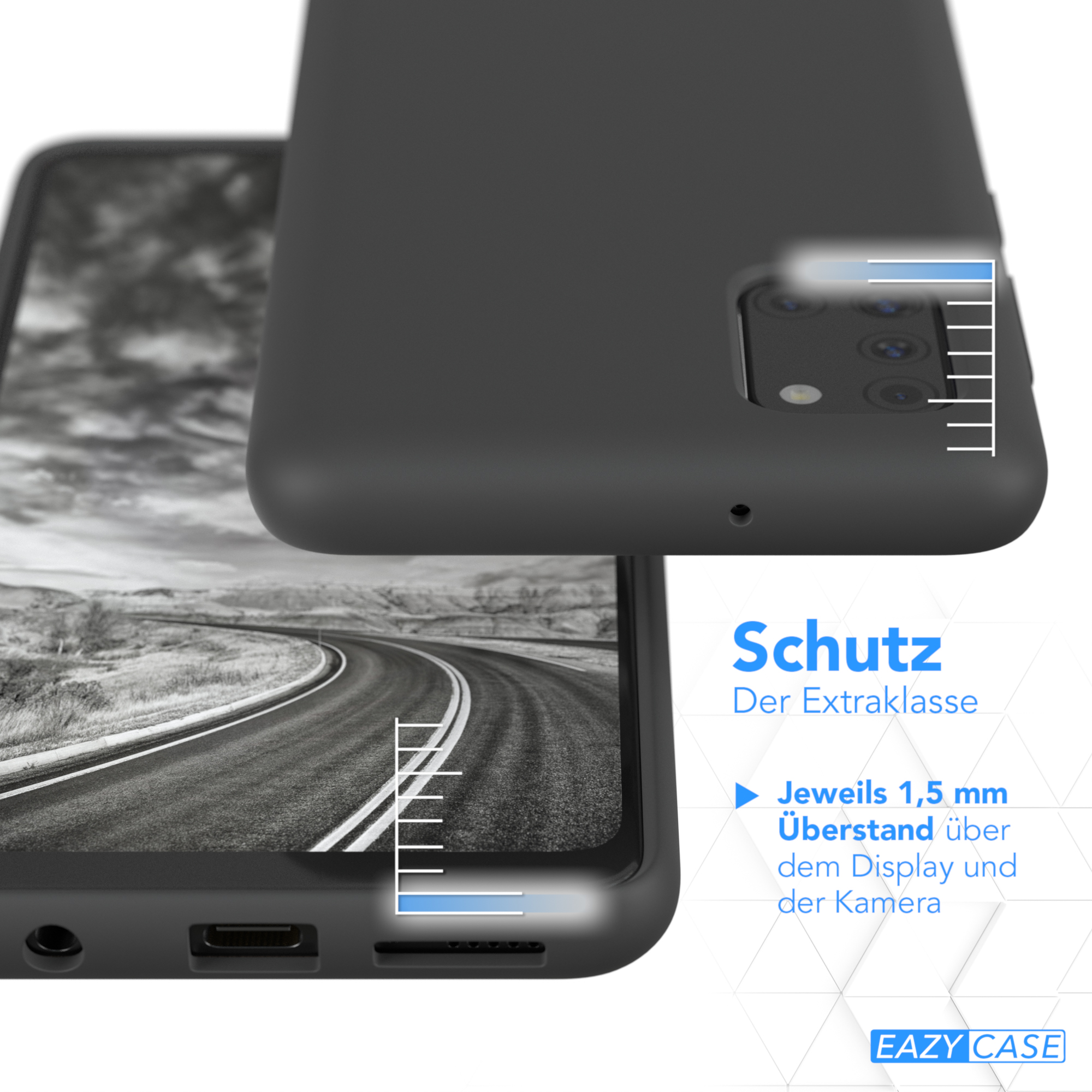 Nahaufnahme einer schwarzen Handyhülle mit Telefon im Inneren, Kamera und Maße zeigend.