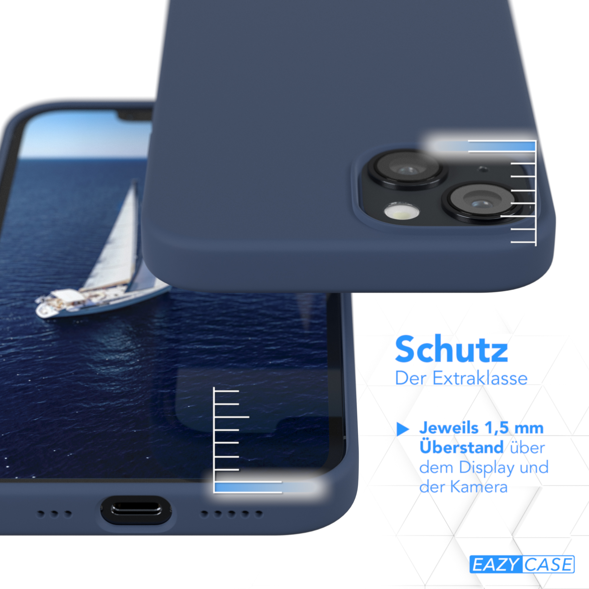 Ein dunkelblaues Telefon in einer Hülle, das den Bildschirm des Telefons zeigt, mit einem Lineal, das die Dicke anzeigt.