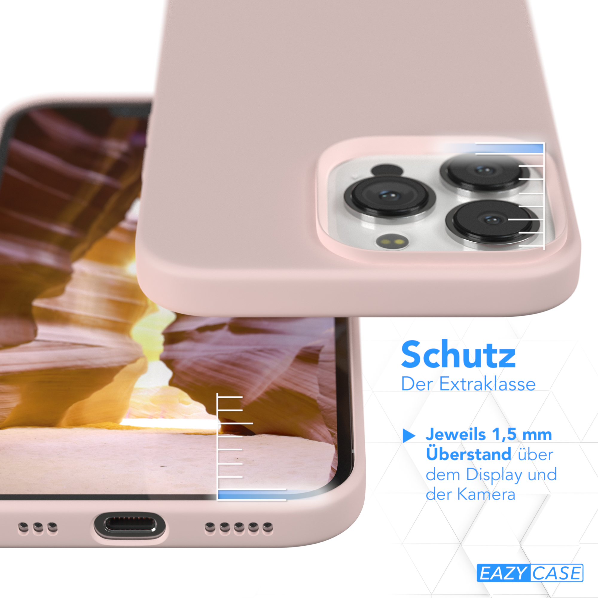 Rosa Handyhülle auf einem Handy. Die Handyhülle ist erhöht. Text sagt, Schutz, Der Extraklasse.