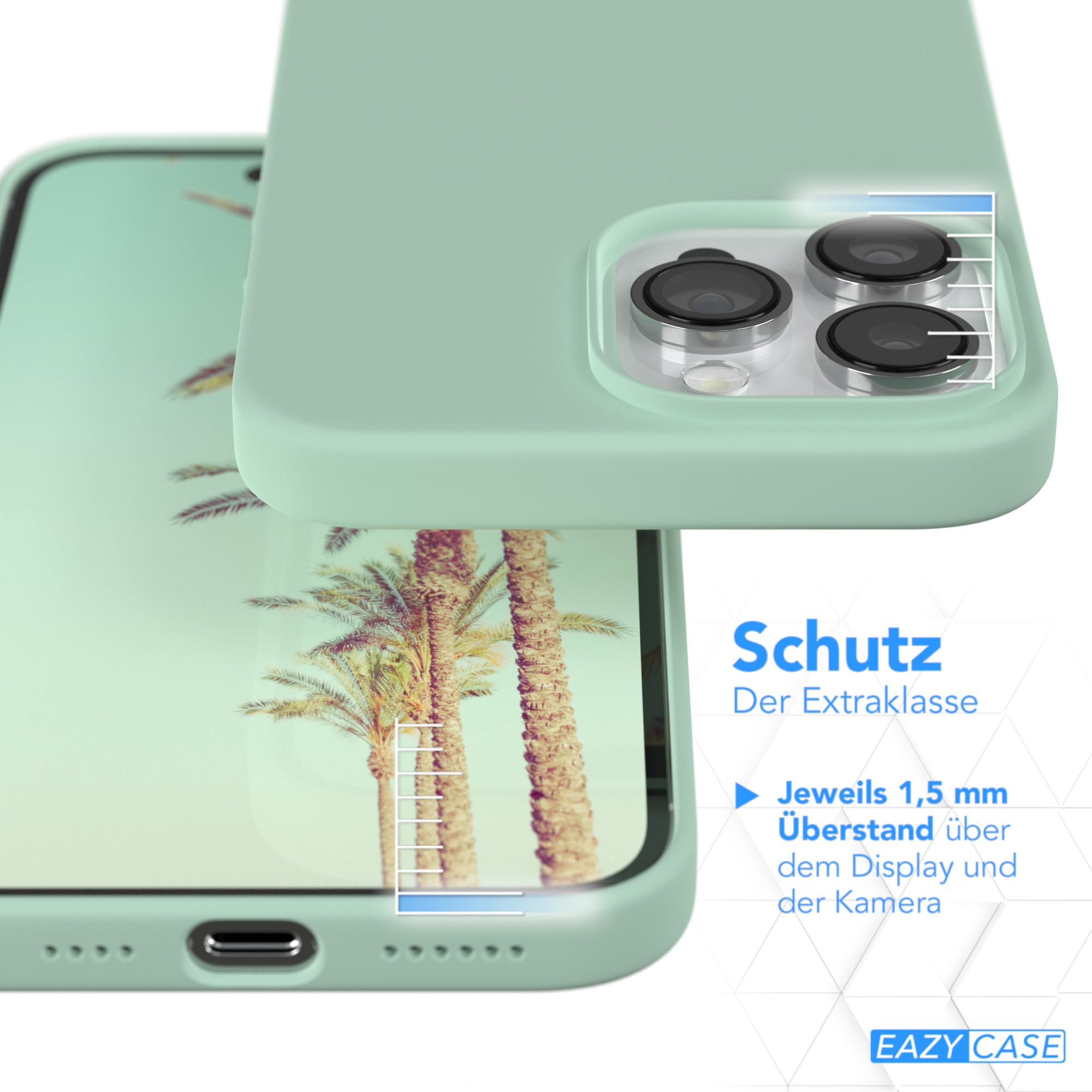 Nahaufnahme einer Handyhülle, Bildschirm und Rückseite des Telefons sichtbar. Textüberlagerung.