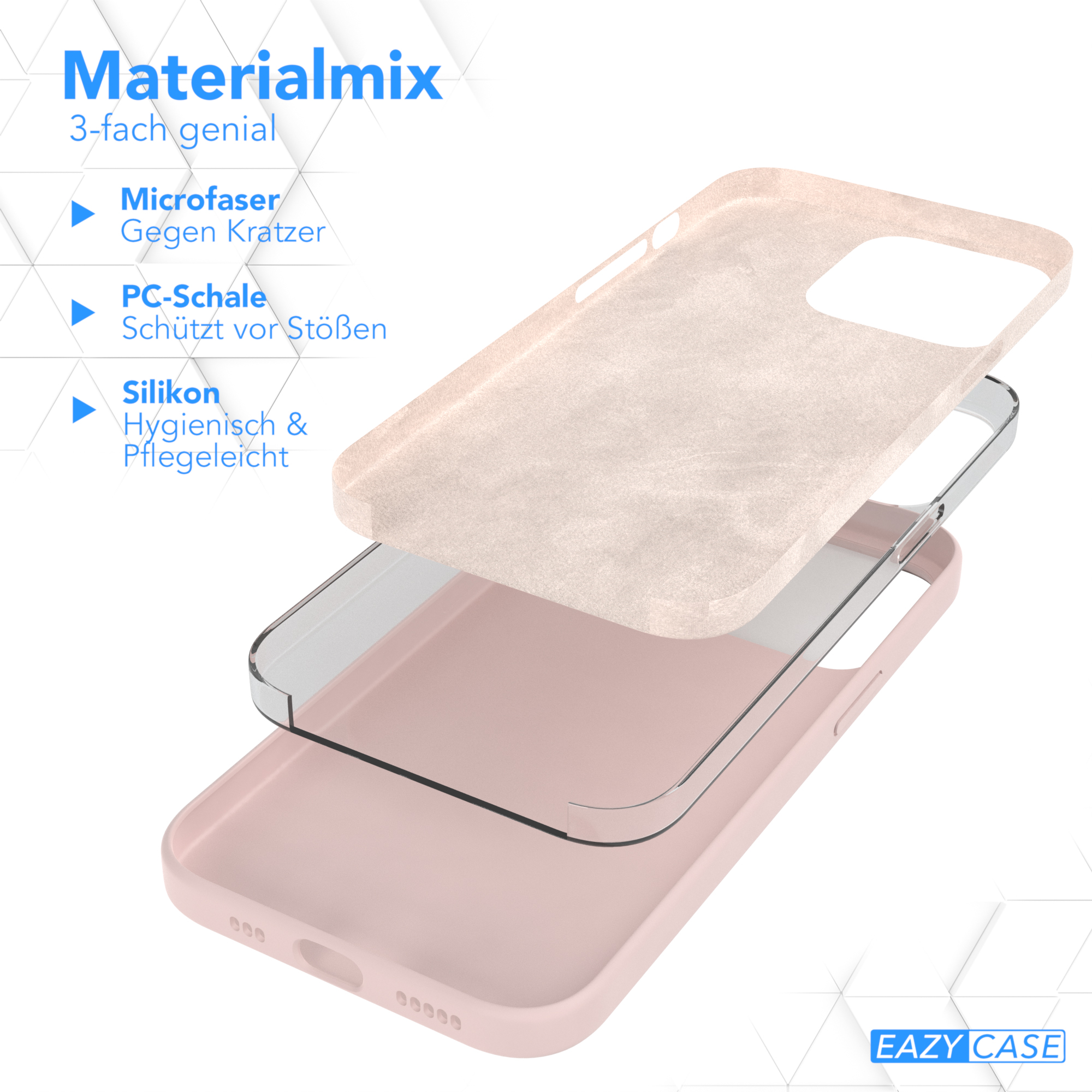 Mehrschichtige Handyhülle mit rosa, transparenten und hellrosa Schichten. Text: Materialmix.