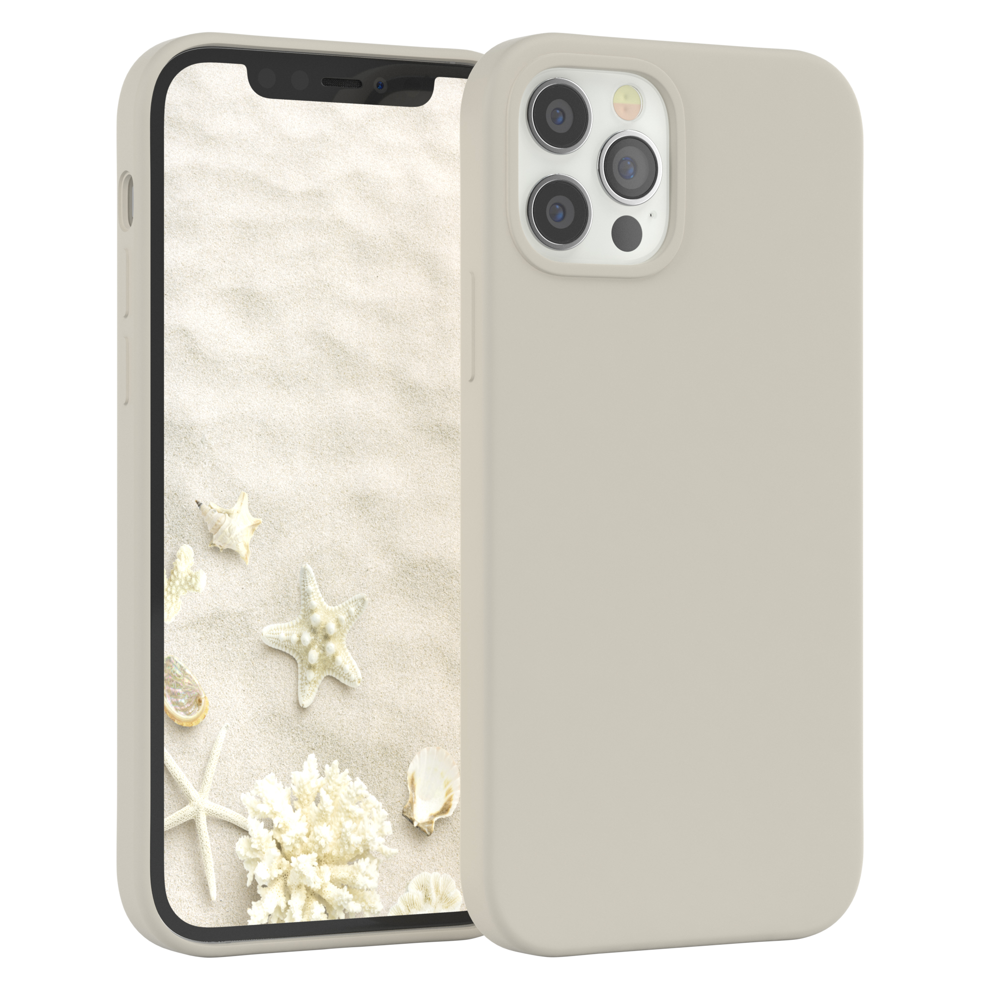 Beige Handyhülle mit Telefon, das einen Sandhintergrund mit Muscheln zeigt.