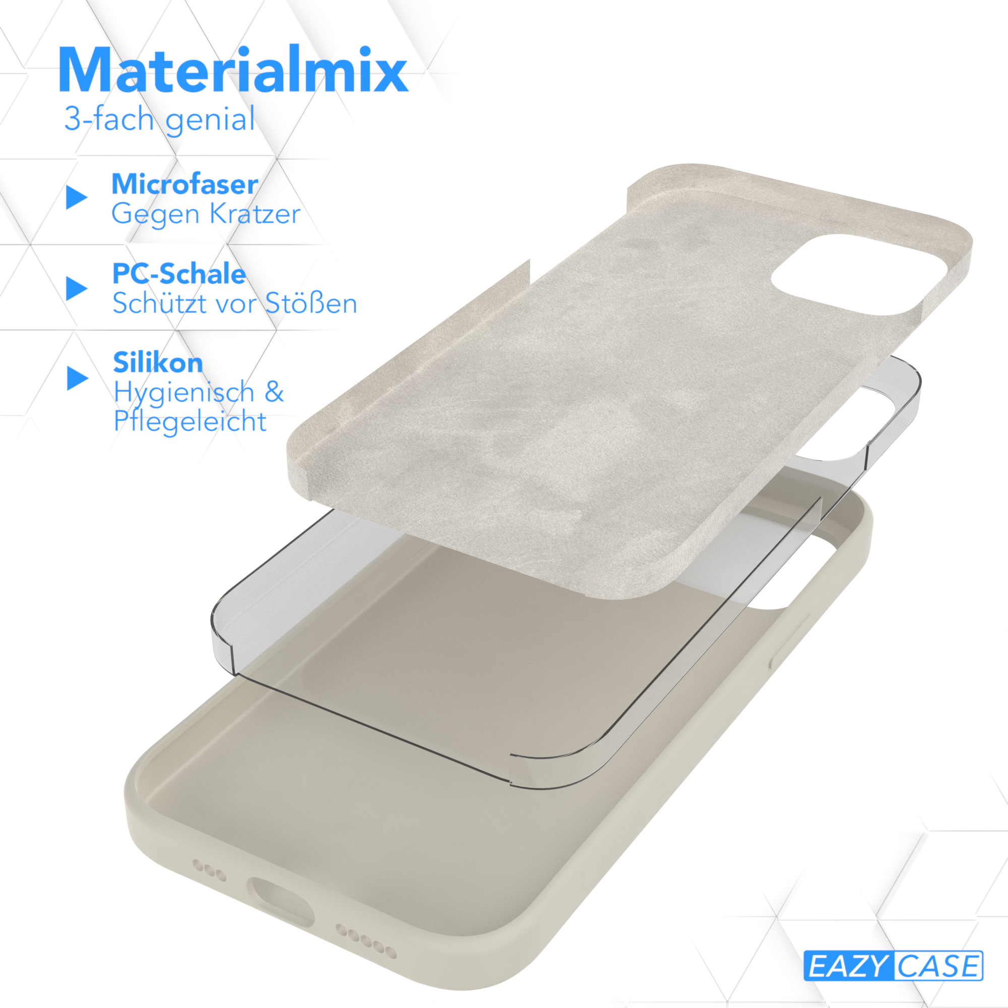 Explosionsansicht der Handyhüllen-Schichten: Mikrofaser, PC-Schale und Silikon. Text: Materialmix.