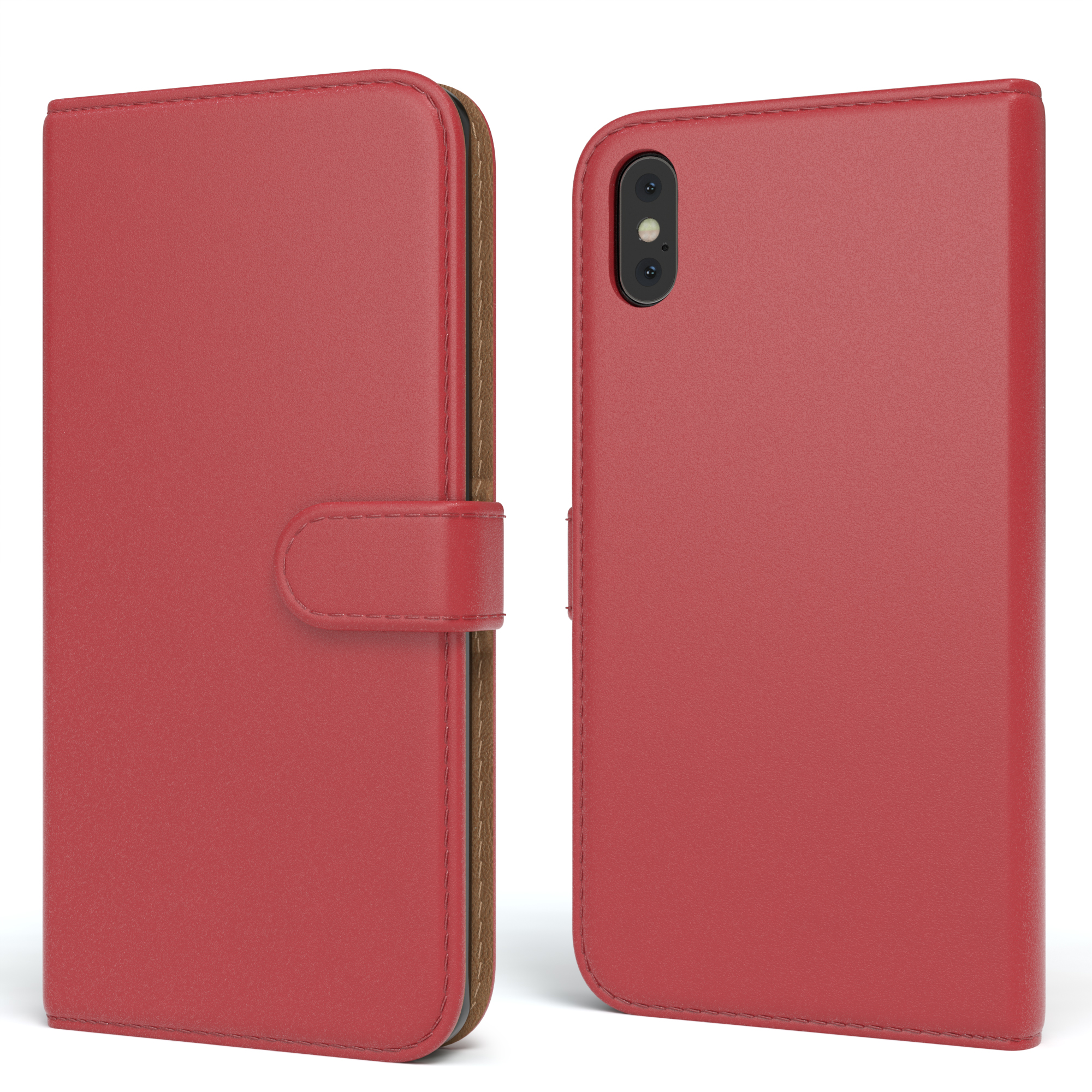 Rote Brieftaschen-Handyhülle, geschlossen, offene Rückseite und Seitenansicht.