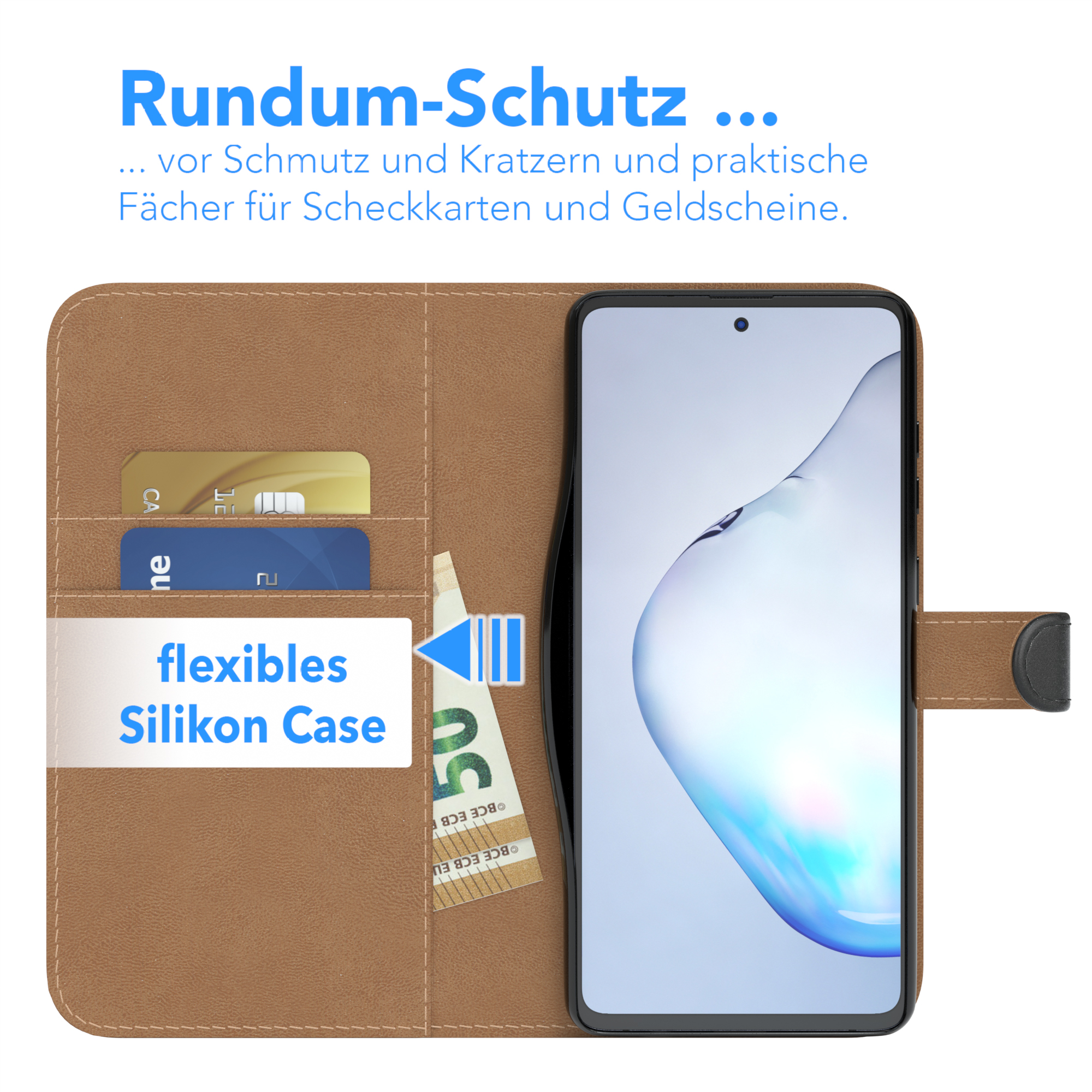 Telefon in brauner Hülle mit Kartenfächern und Geldschein. Die Hülle ist offen.