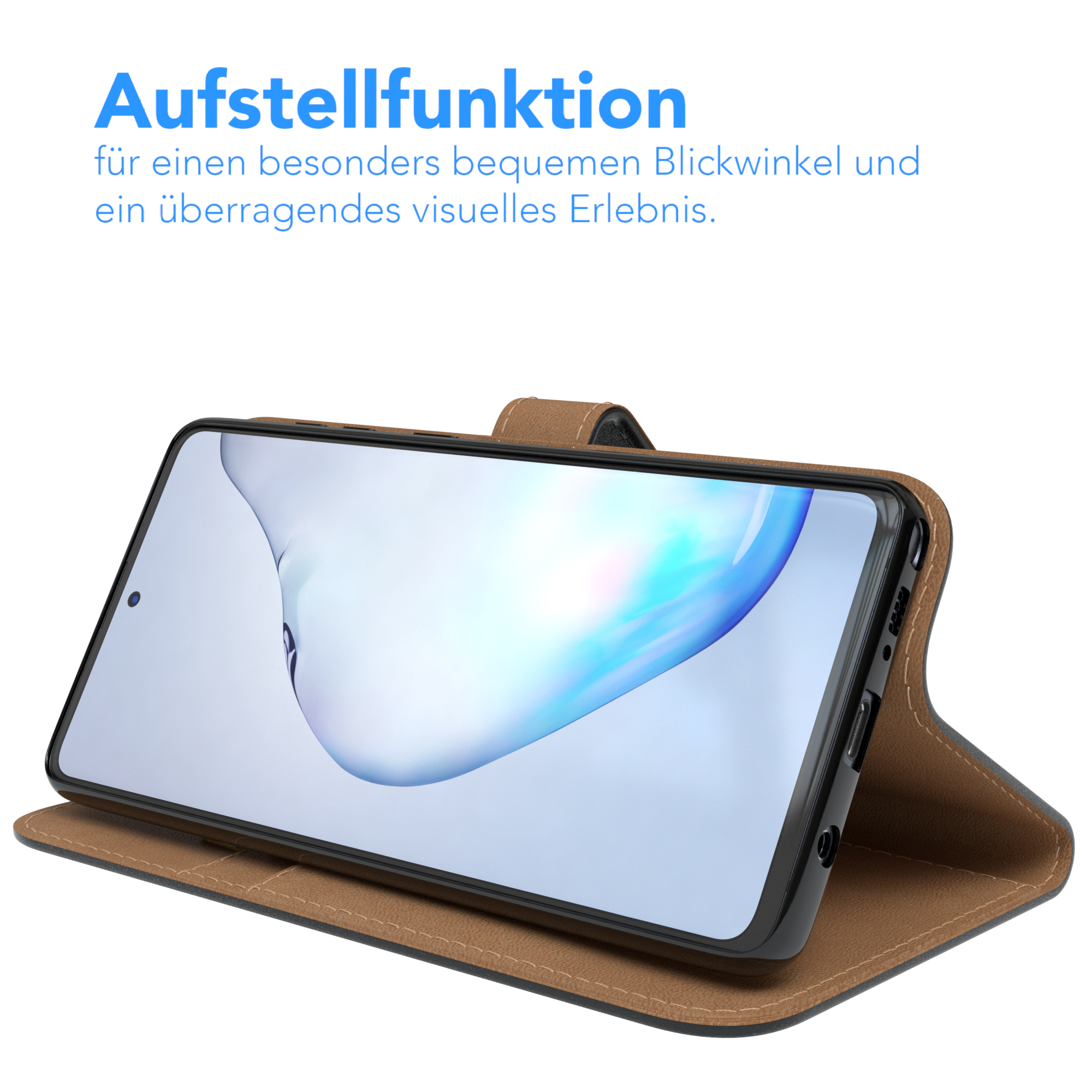 Ein Telefon in einer braunen Hülle, zum Betrachten aufgestellt, mit Text darüber.
