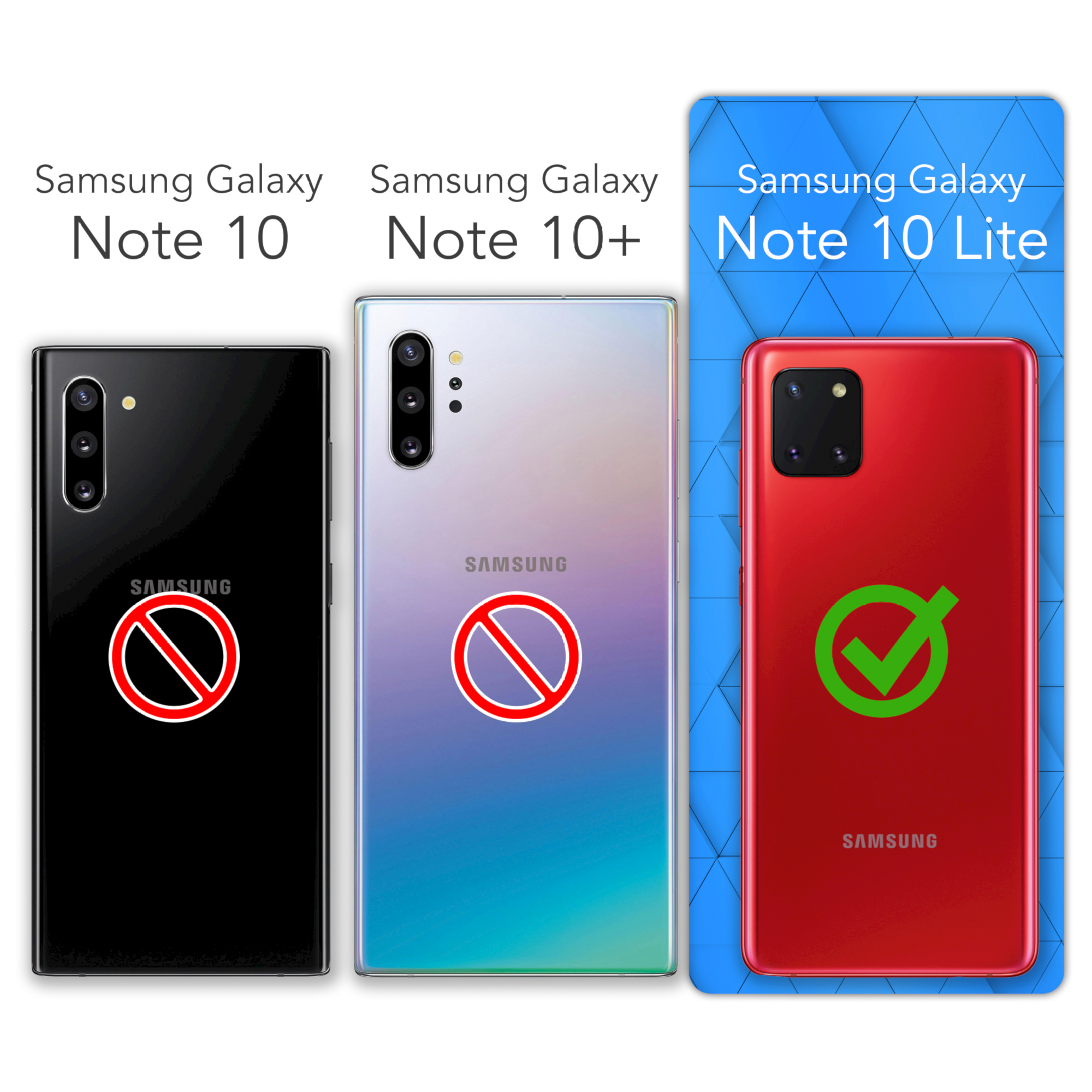 Drei Telefone. Zwei haben ein Verbotssymbol, eins ein Häkchen. Text zeigt Telefonmodelle.