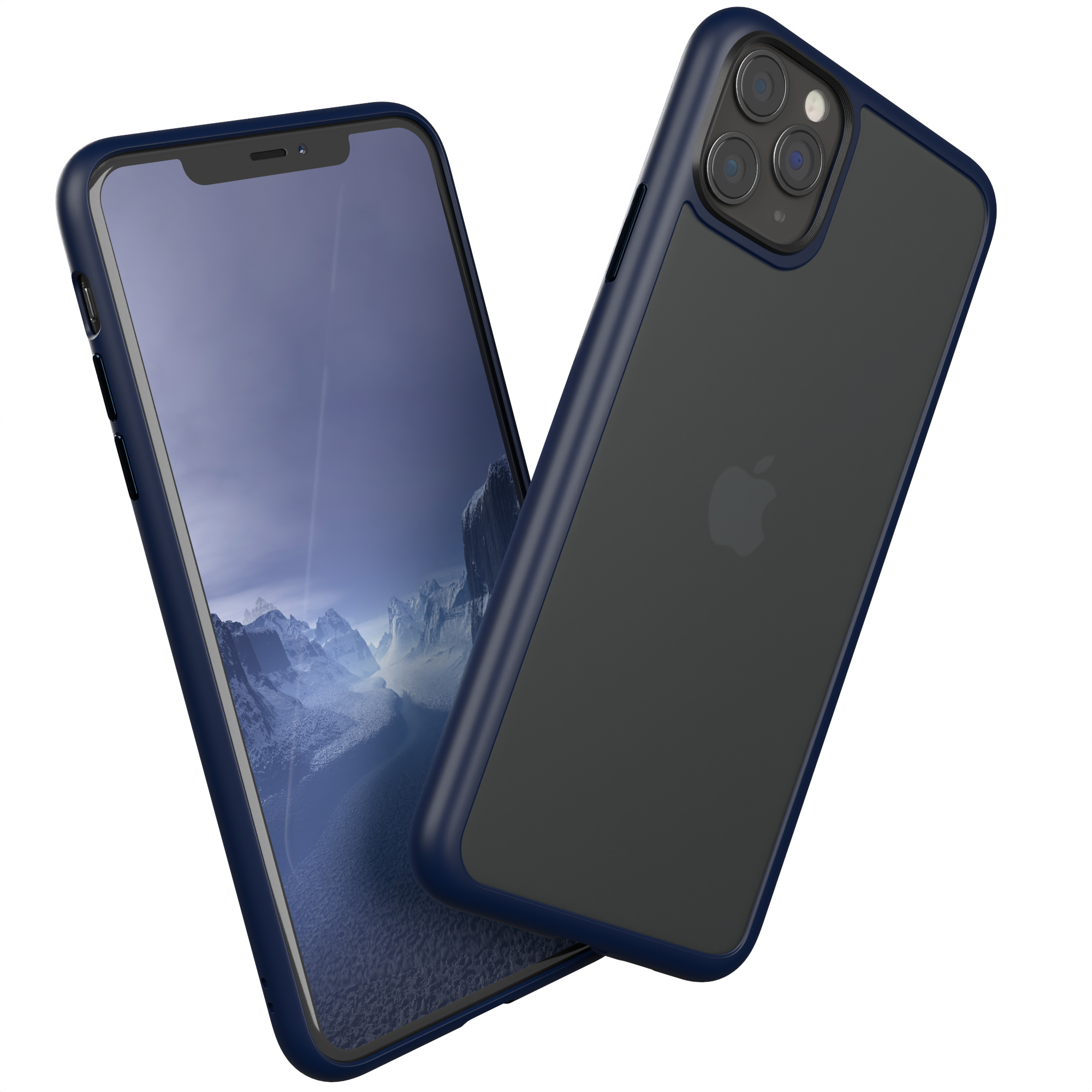 Blaue Handyhülle mit Telefon, das eine Oberfläche zeigt. Weißer Hintergrund.