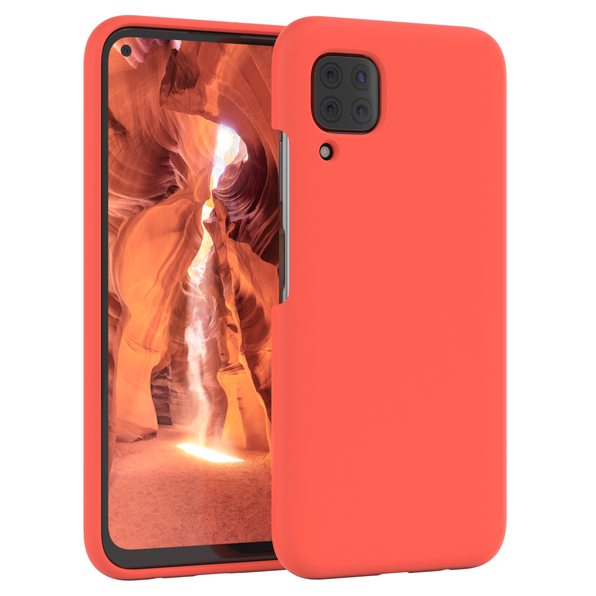 Rote Handyhülle mit einem Telefon, das eine Schluchtszene zeigt.
