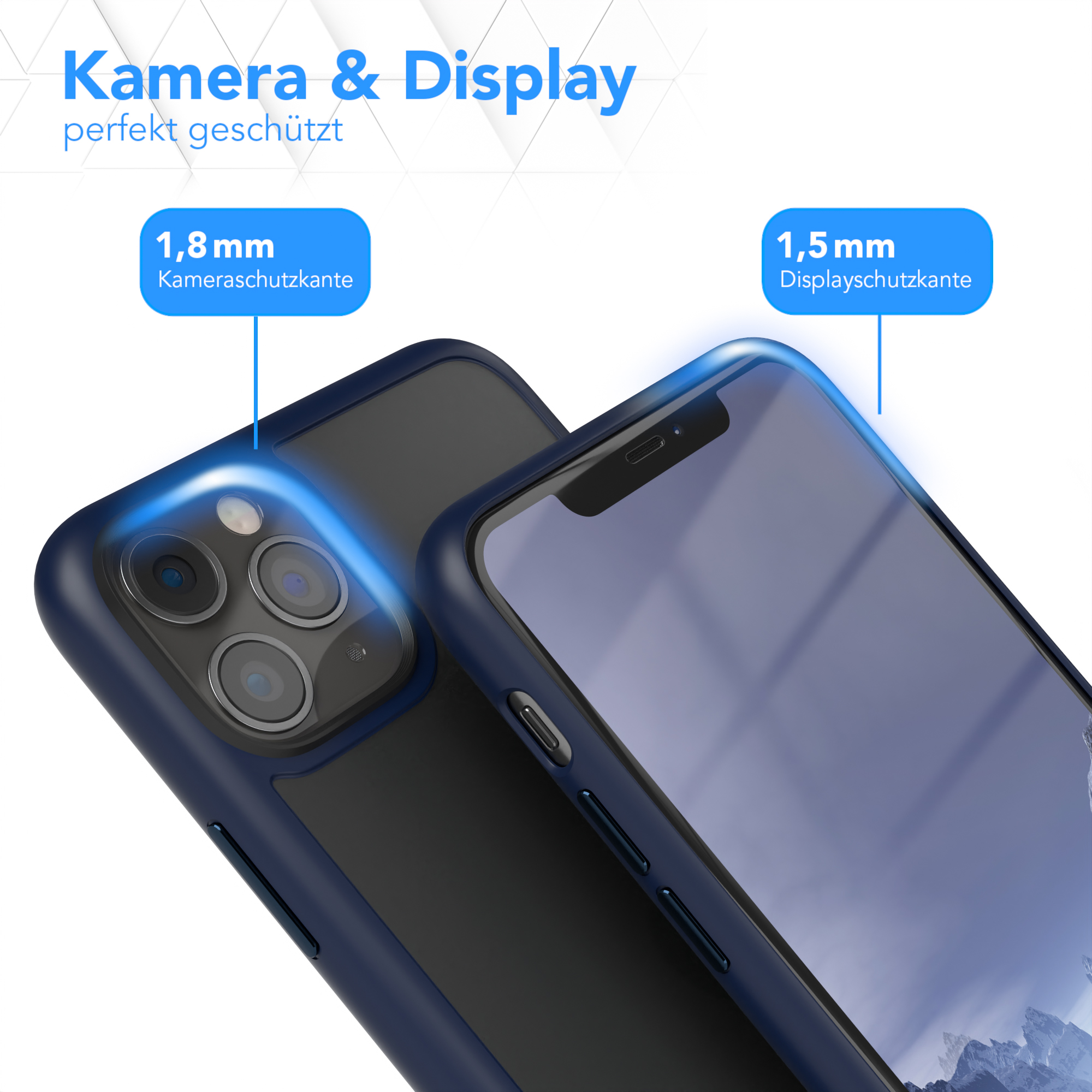Nahaufnahme der Handyhülle mit Details zum Kamera- und Bildschirmschutz. Blaue Akzente.