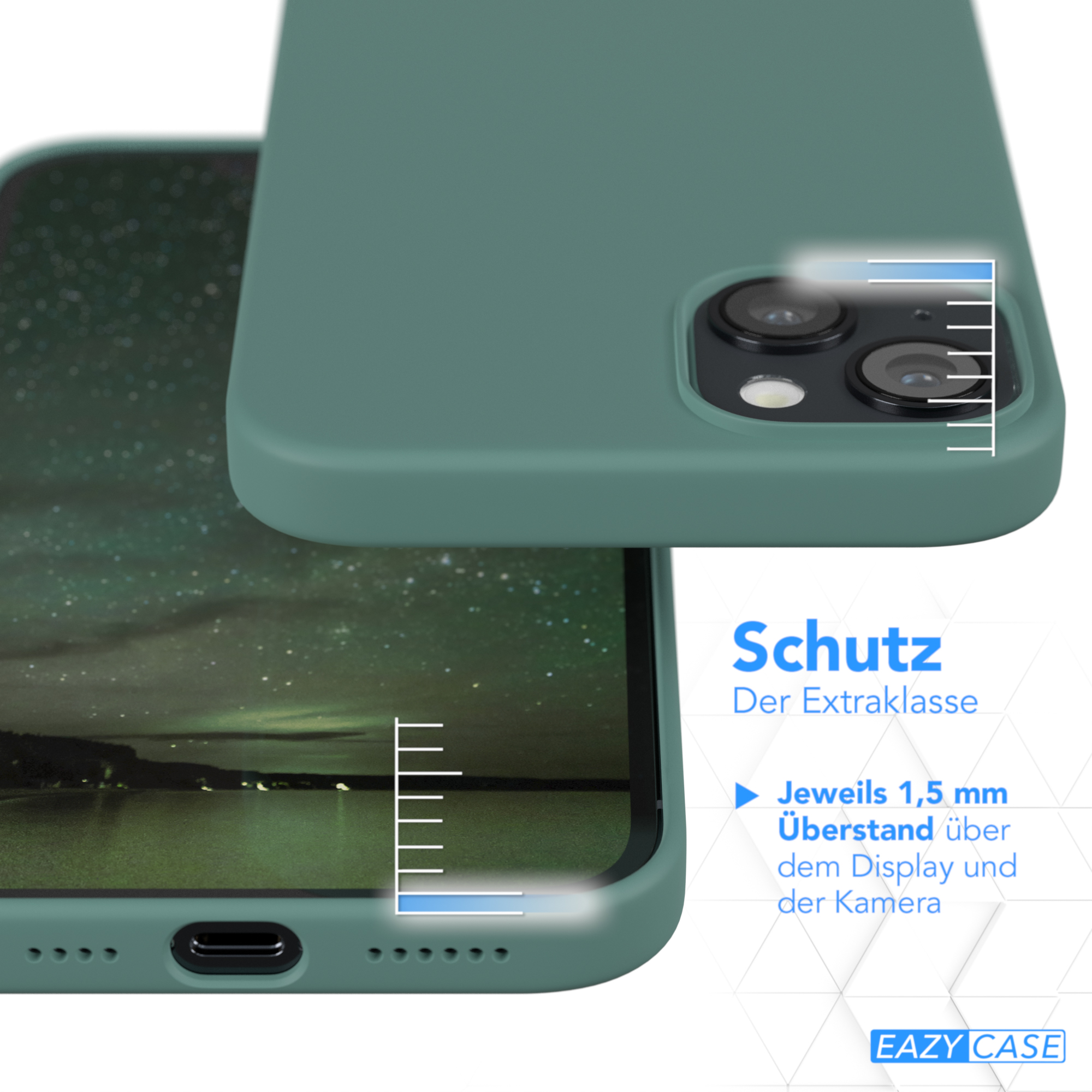 Grüne Handyhülle mit Telefon im Inneren. Hülle um die Kameras. Text: Schutz.
