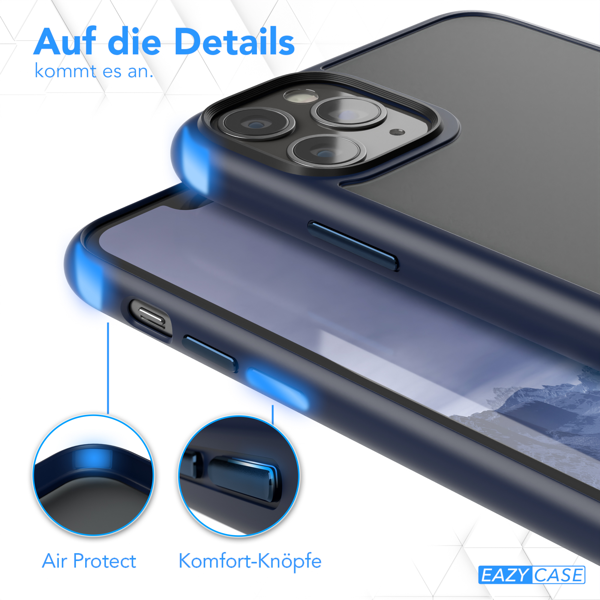 Nahaufnahme einer Handyhülle. Sie zeigt die Tasten des Telefons und einen blauen Schutzrand.