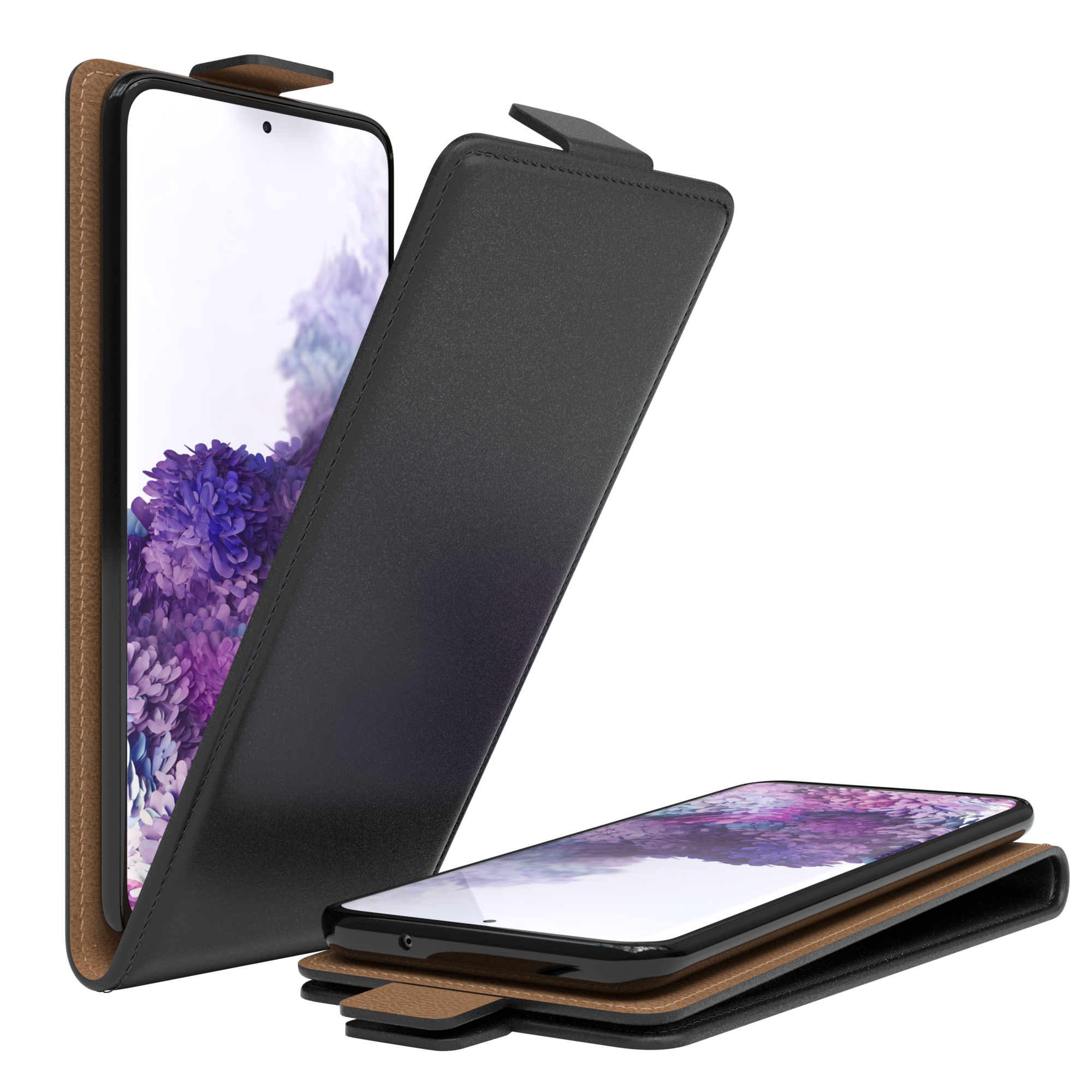 Schwarze Handyhülle mit Telefon. Die Hülle ist offen. Ein weiteres Telefon in einer offenen Hülle.