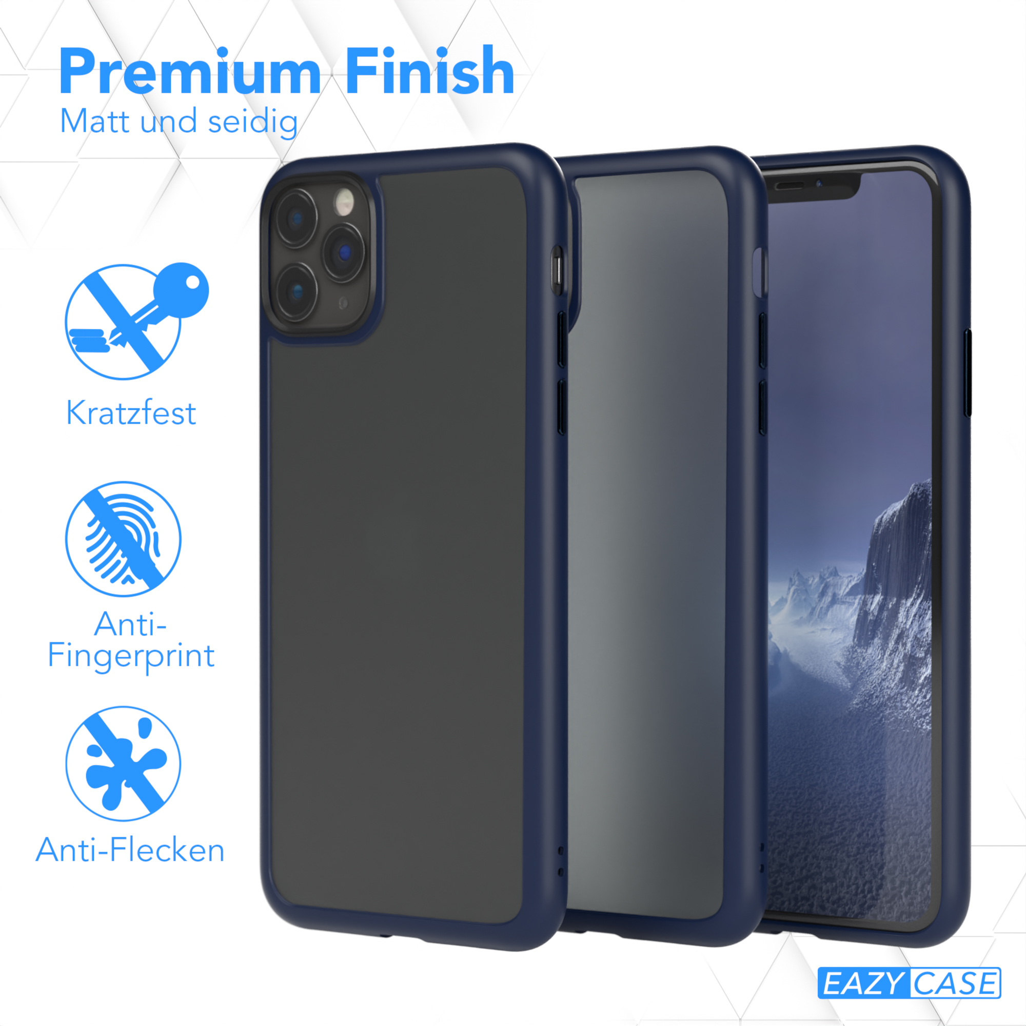 Drei Handyhüllen, eine schwarze, eine graue und eine blaue. Sie haben ein Premium-Finish.