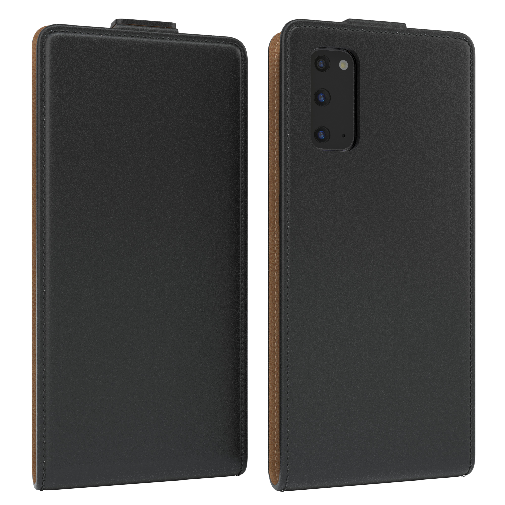 Schwarze Handyhülle mit braunem Rand. Auf der linken Seite geschlossen, rechts das Handy.