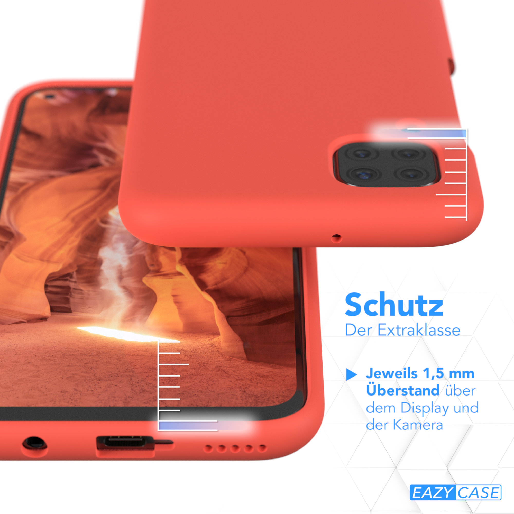 Eine rote Handyhülle mit einem Telefon darin. Das Bild zeigt den Schutz um Kamera und Display.