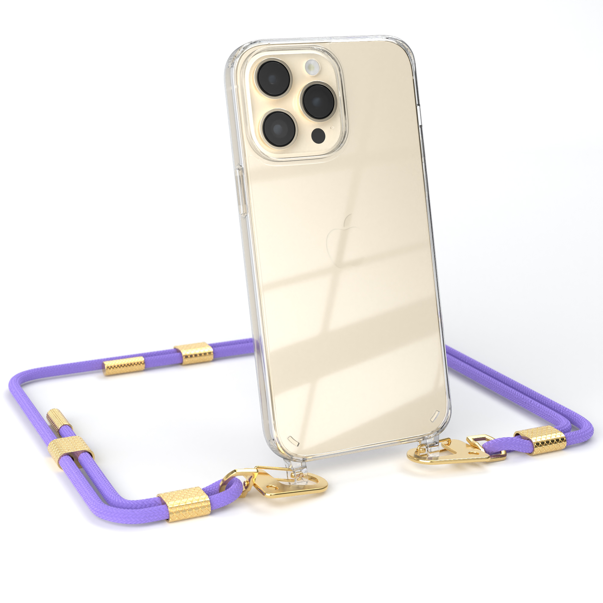 Transparente Handyhülle mit lila Lanyard.