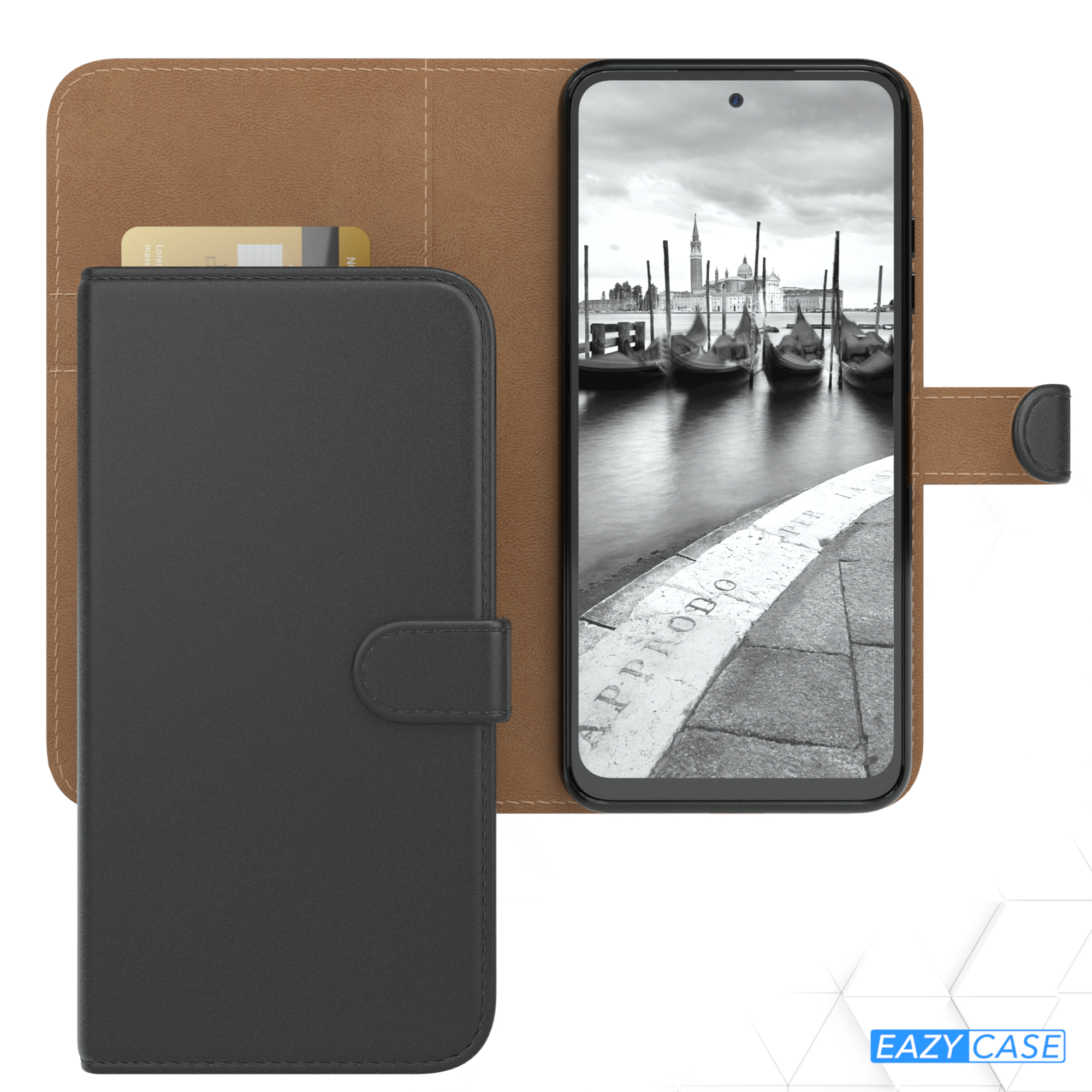 Schwarze Handyhülle geschlossen. Offen, das Telefon mit einer schwarz-weißen Venedig-Szene zeigend. Brauner Gehäuseinnenraum.