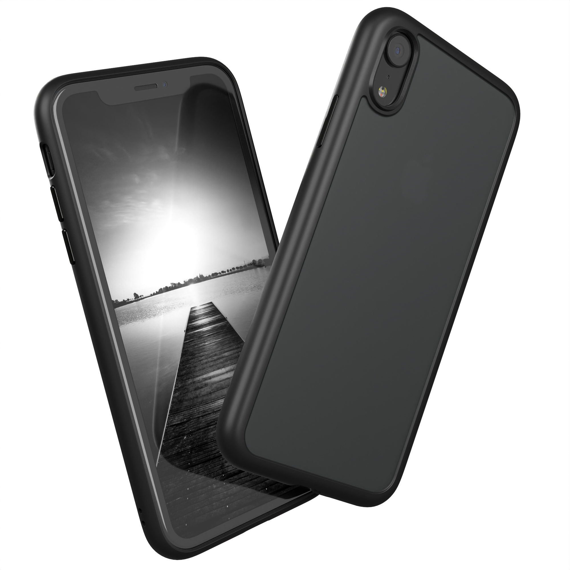 Schwarzes Telefon mit Landschaftsszene in schwarzem Gehäuse, schräge Ansicht.