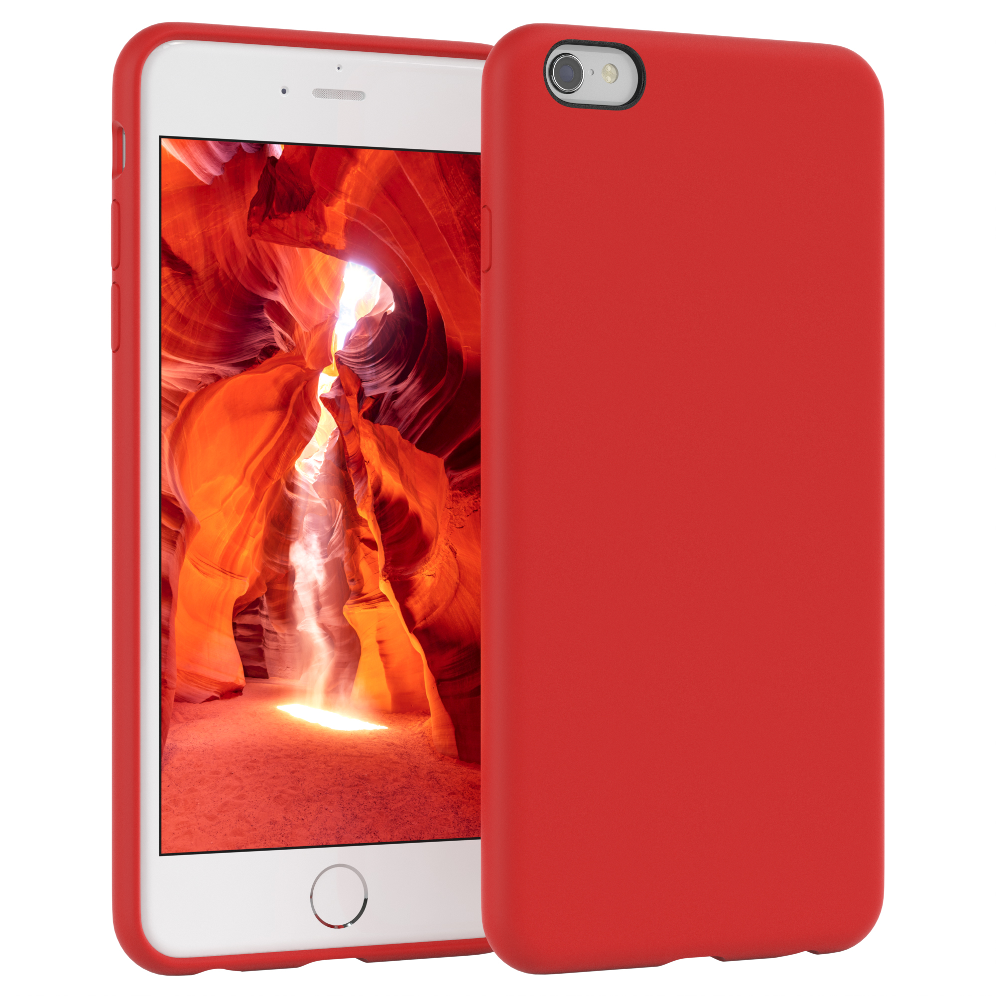 Eine rote Handyhülle mit einem Telefon darin. Der Bildschirm zeigt eine Canyon-Landschaft.