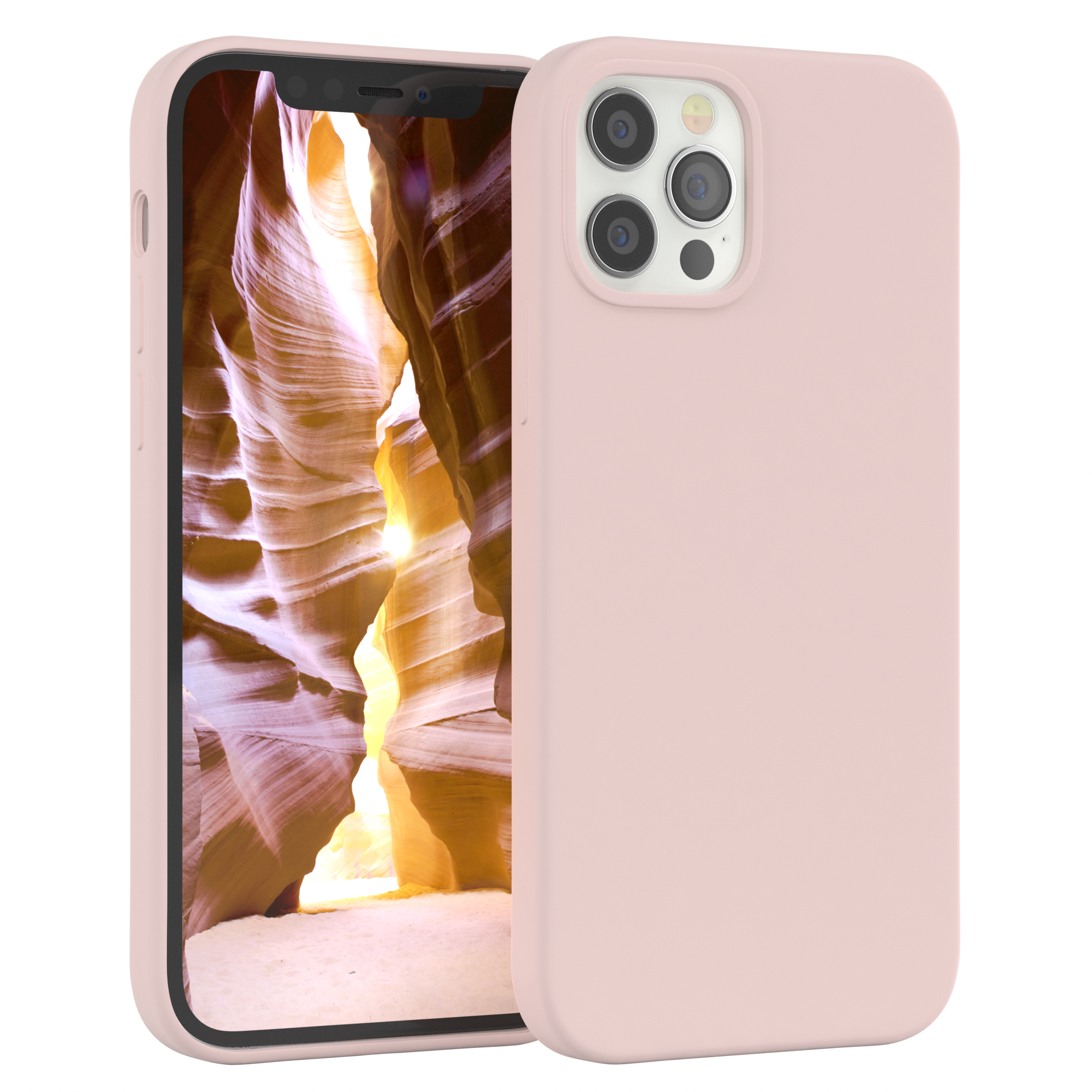 Rosa Handyhülle mit einem Telefon darin. Das Telefon zeigt ein Canyon-Bild.