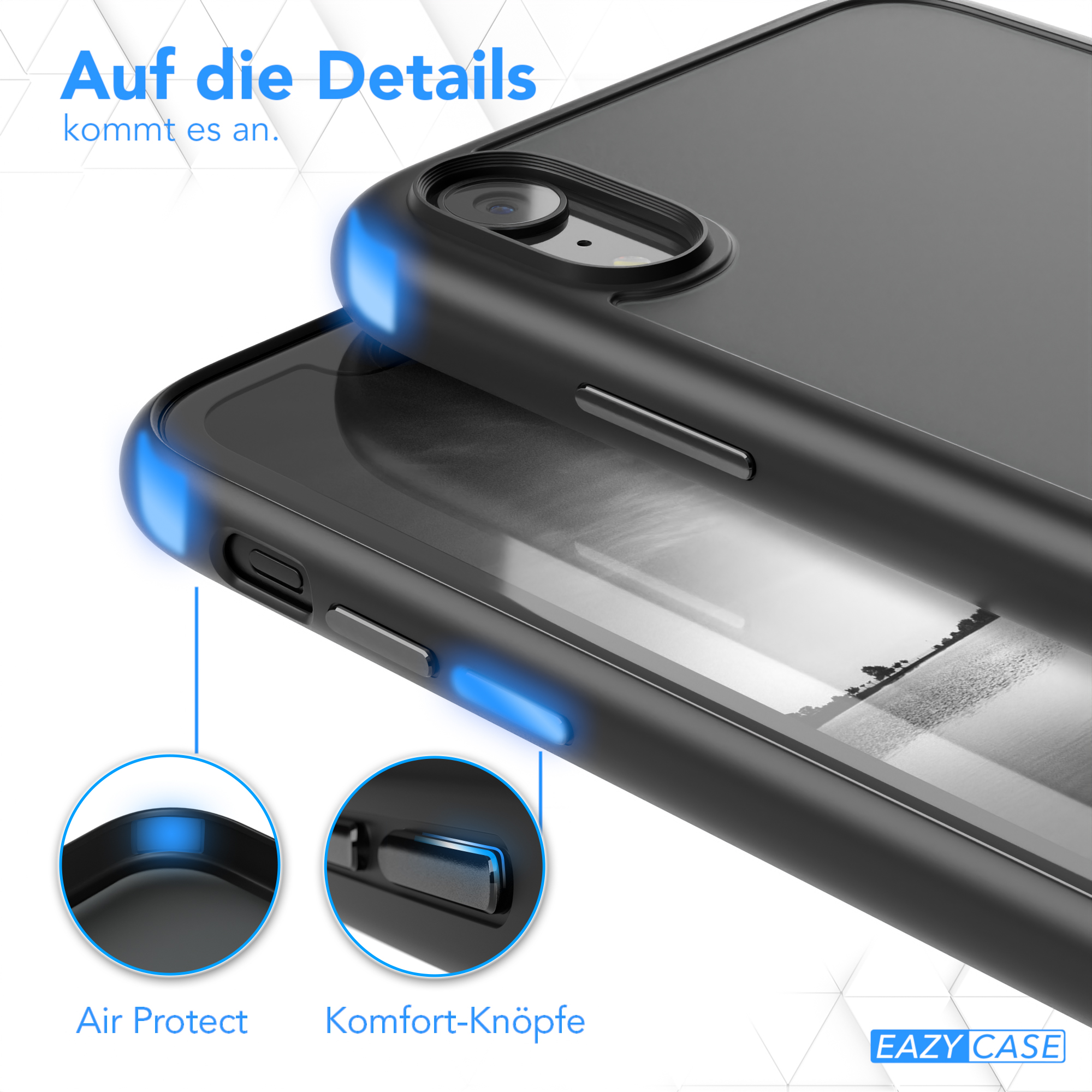 Zwei schwarze Handyhüllen, Nahaufnahme. Blaulicht hebt Kanten hervor. Air Protect und Komfort-Knöpfe im Detail gezeigt.