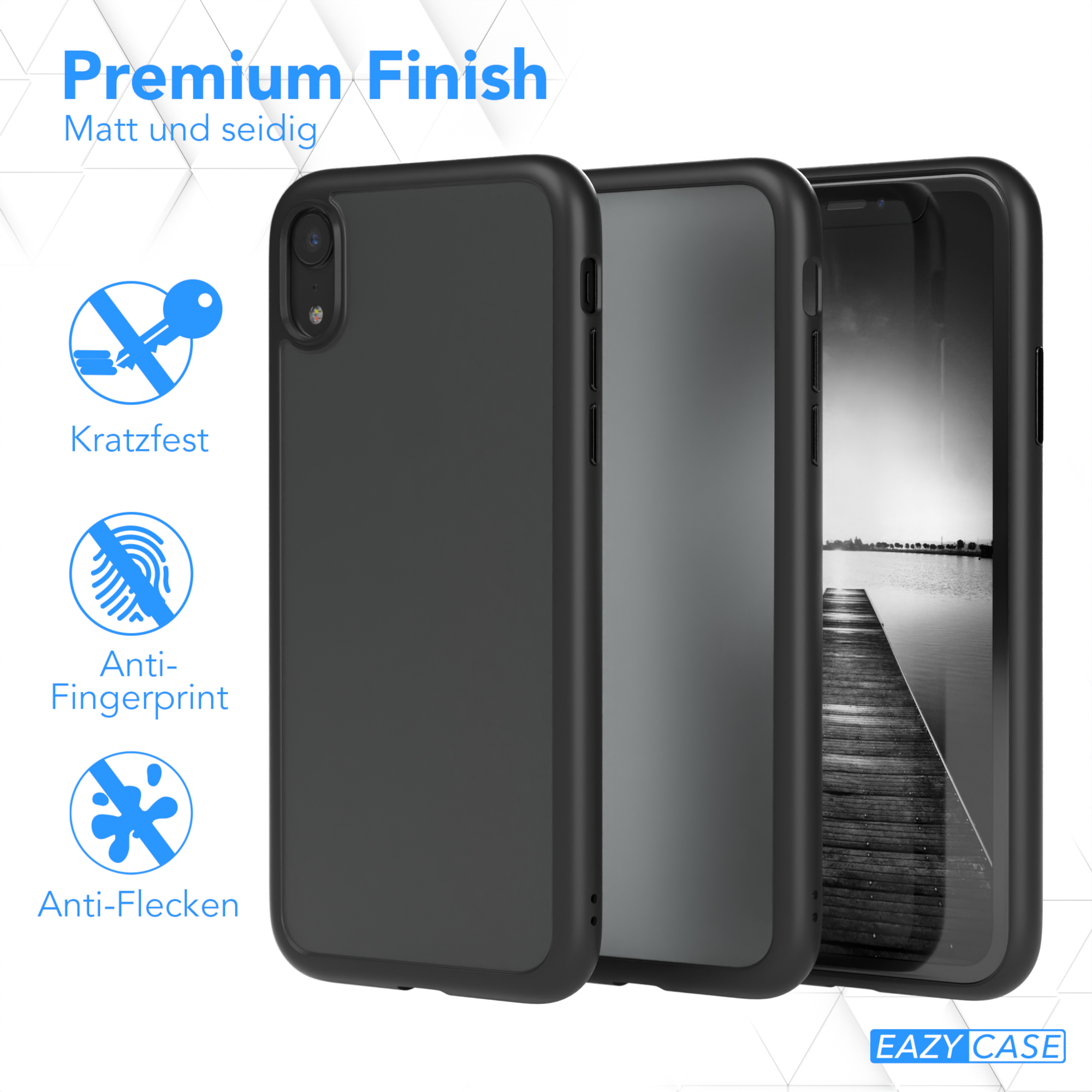 Drei schwarze Handyhüllen mit Premium-Finish. Anti-Kratz-, Anti-Fingerabdruck-, Anti-Flecken-Etiketten.