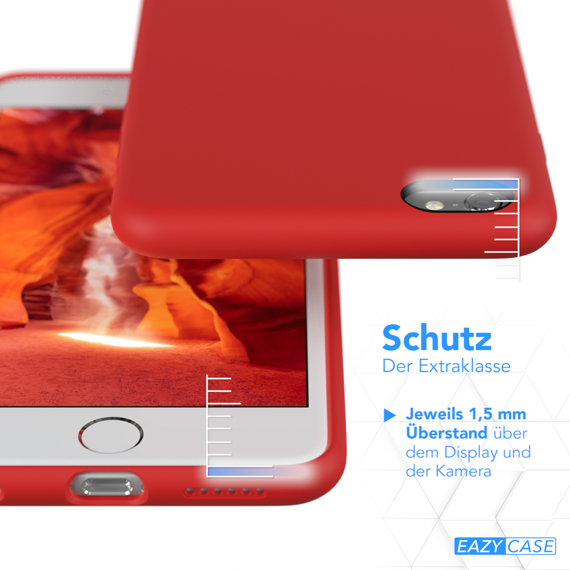 Rote Handyhülle, Nahaufnahme, mit Maßen für Display- und Kameraschutz.