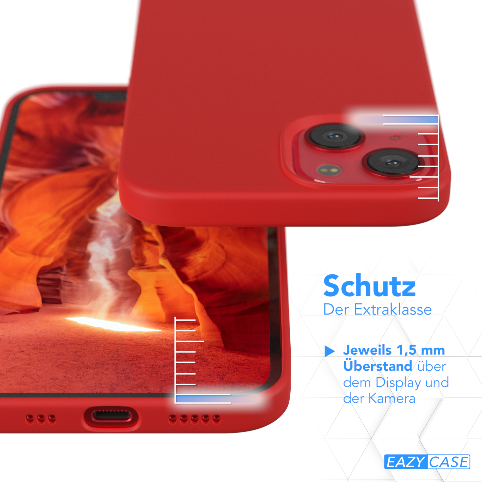 Nahaufnahme einer roten Handyhülle mit Maßen, Eazy Case Logo.