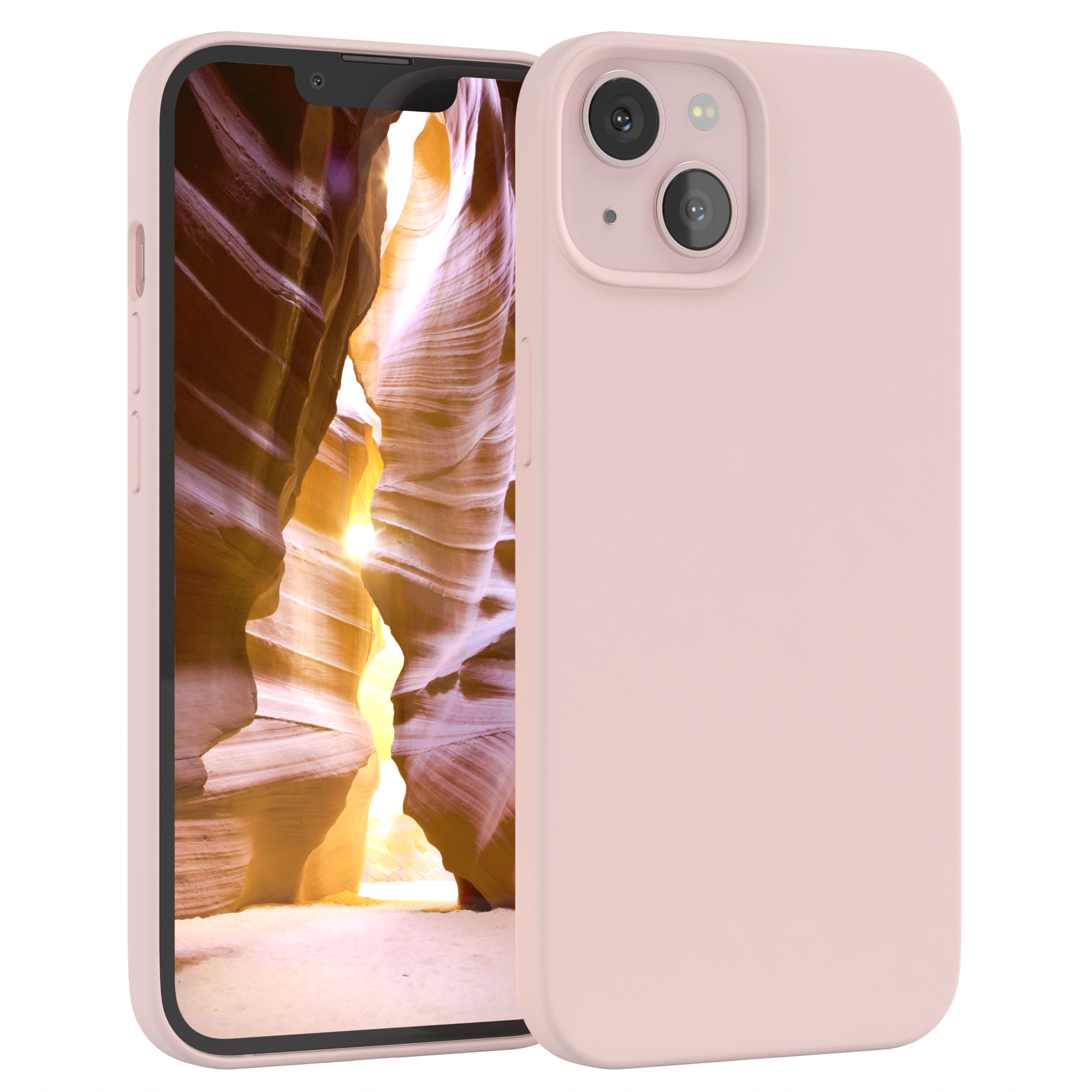 Rosa Handyhülle mit Telefon, das eine Canyonlandschaft zeigt. Weißer Hintergrund.