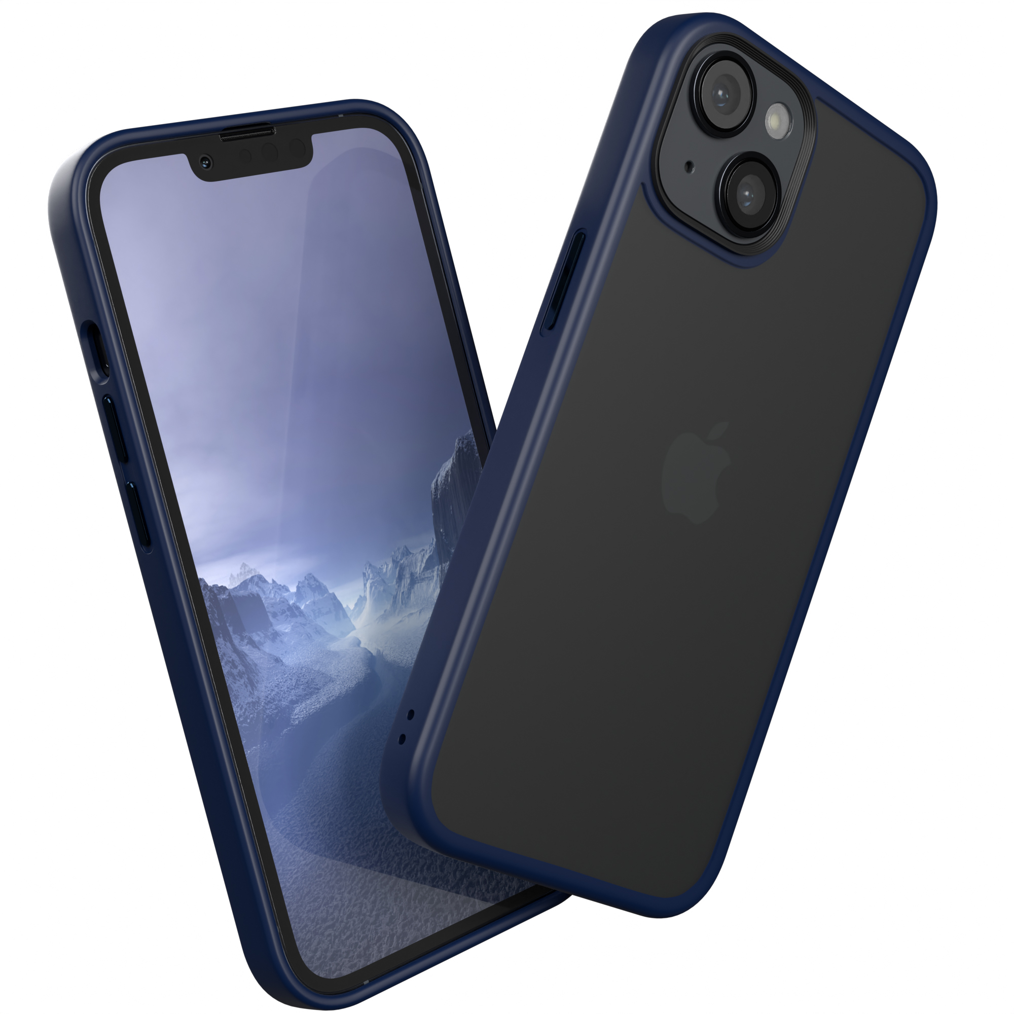 Eine blaue Handyhülle mit dunklem Bildschirm und einem schwarzen Telefon darin.