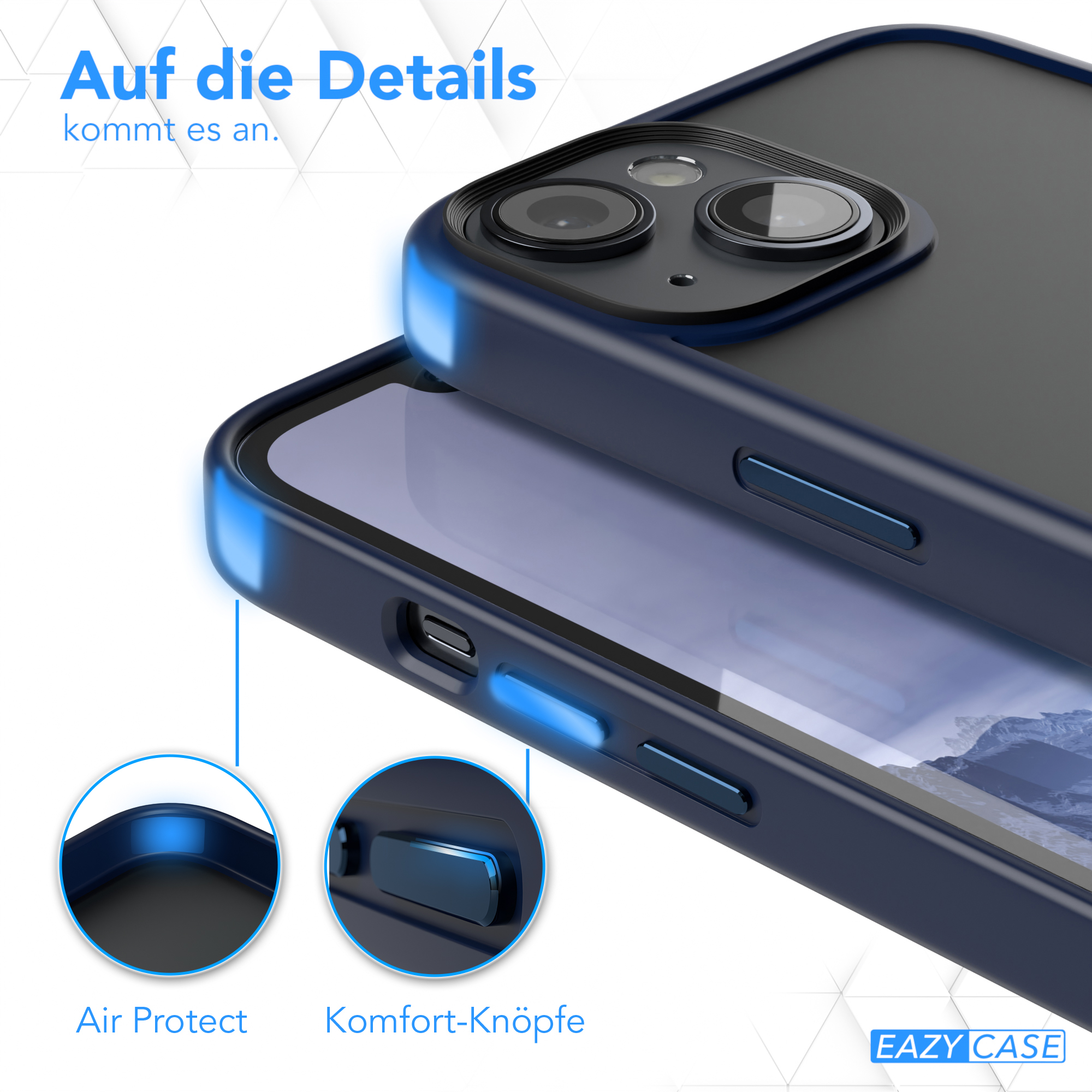 Nahaufnahme der Handyhülle mit Knöpfen und Luftschutz. Dunkelblaue Farbe.