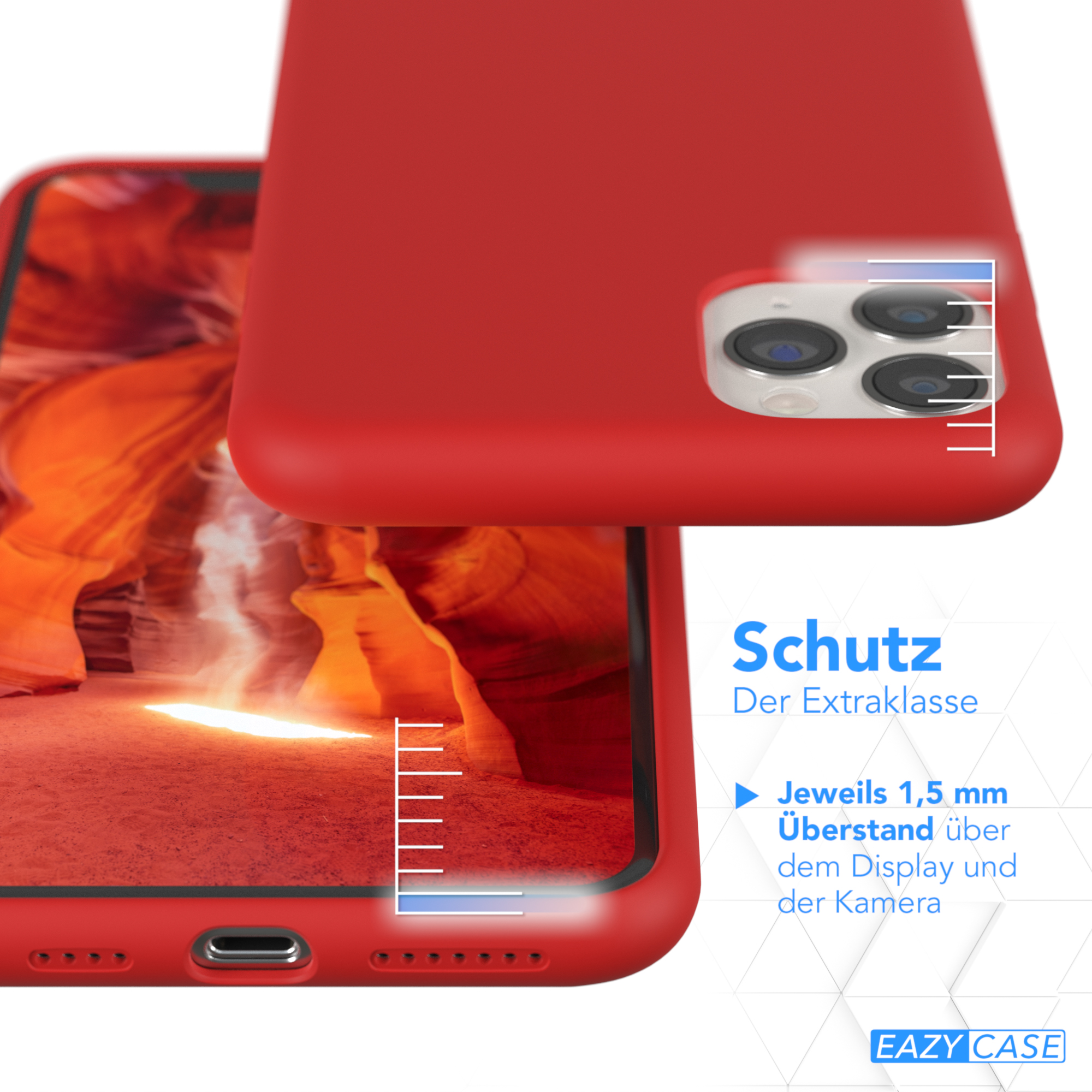 Nahaufnahme einer roten Handyhülle mit Landschaftshintergrund, die Schutzfunktionen zeigt.