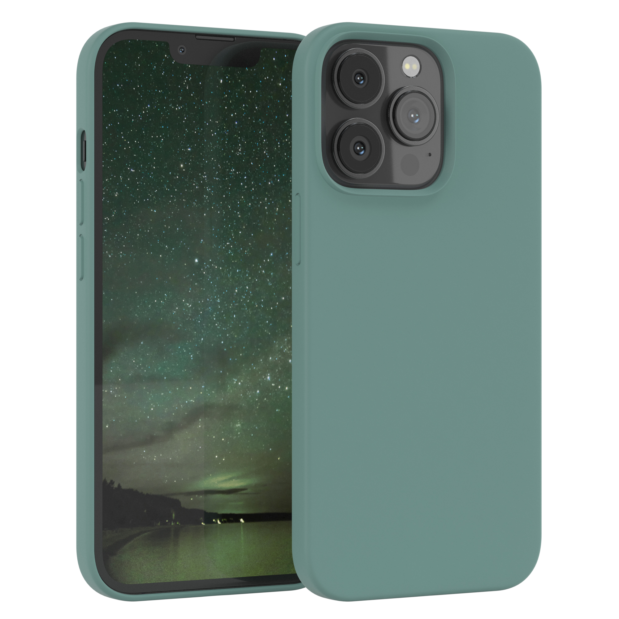 Grüne Handyhülle auf dem iPhone. Grüner Fall. Der Hintergrund zeigt einen Sternenhimmel.