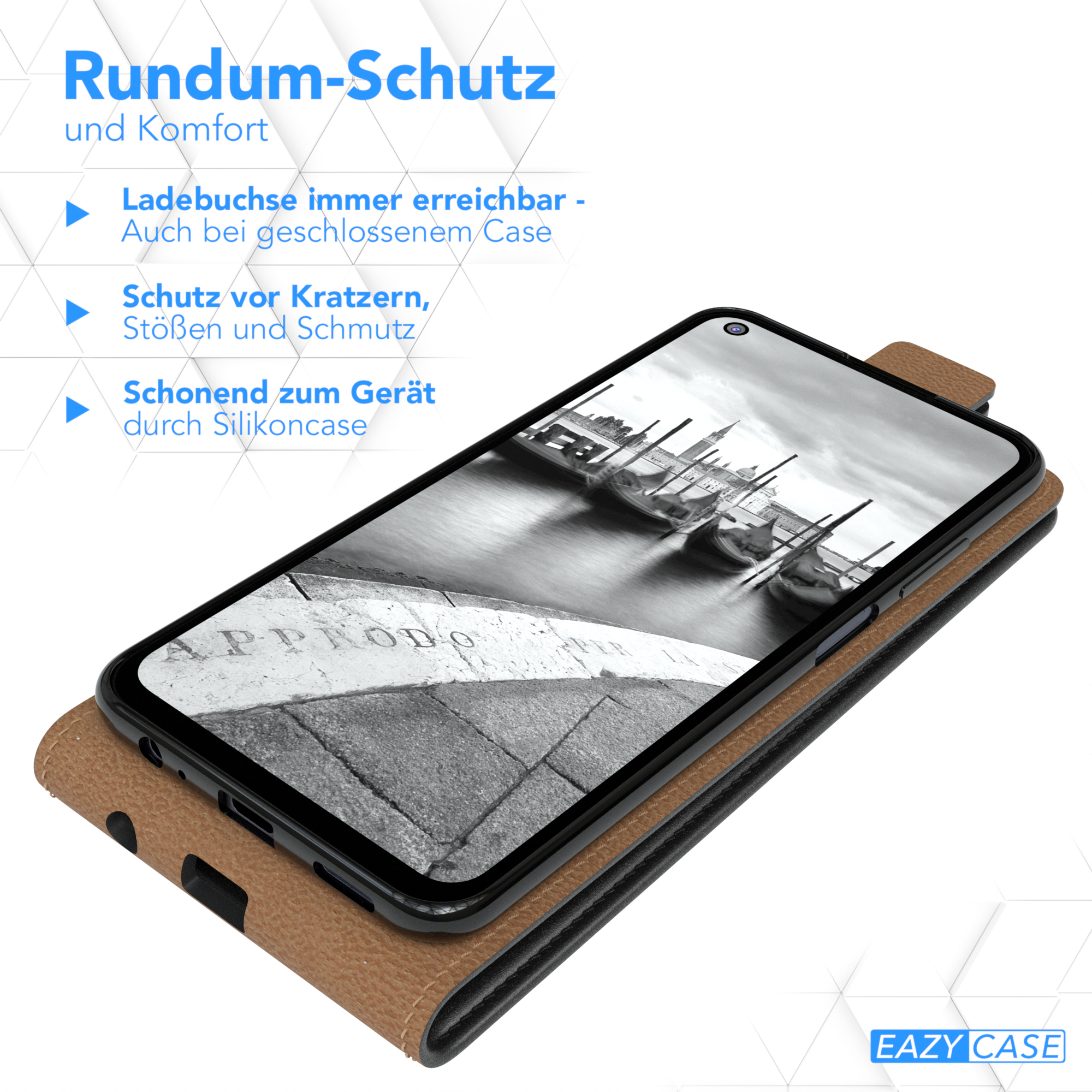 Ein Telefon in brauner Hülle, geöffnet, zeigt ein Graustufenbild von Booten in einem Hafen.