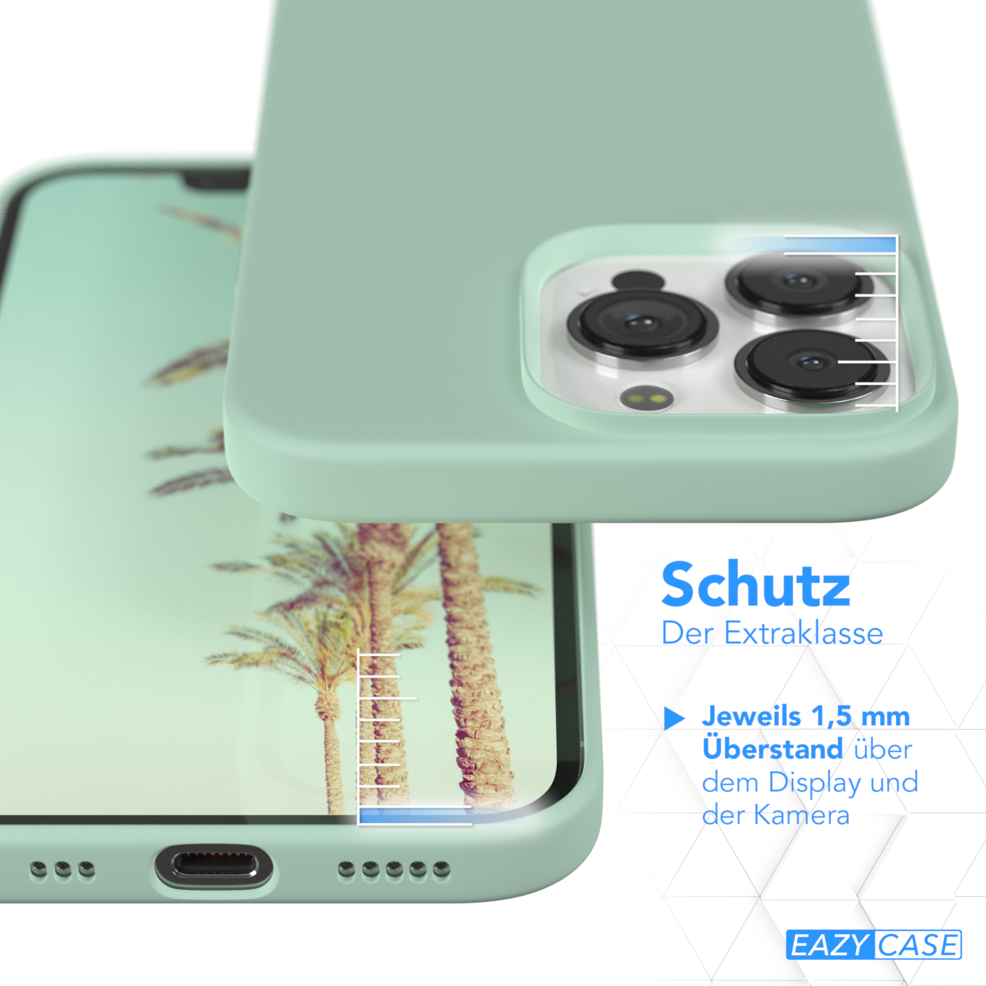 Telefon in grüner Hülle mit Palmen auf dem Bildschirm. Text: Schutz, 1,5 mm Überstand.
