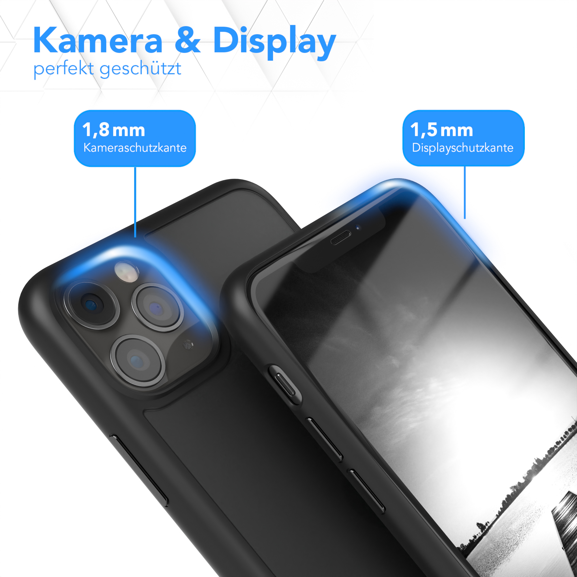 Schwarze Handyhülle mit Details zum Kameraschutz, mit dem Telefon darin.