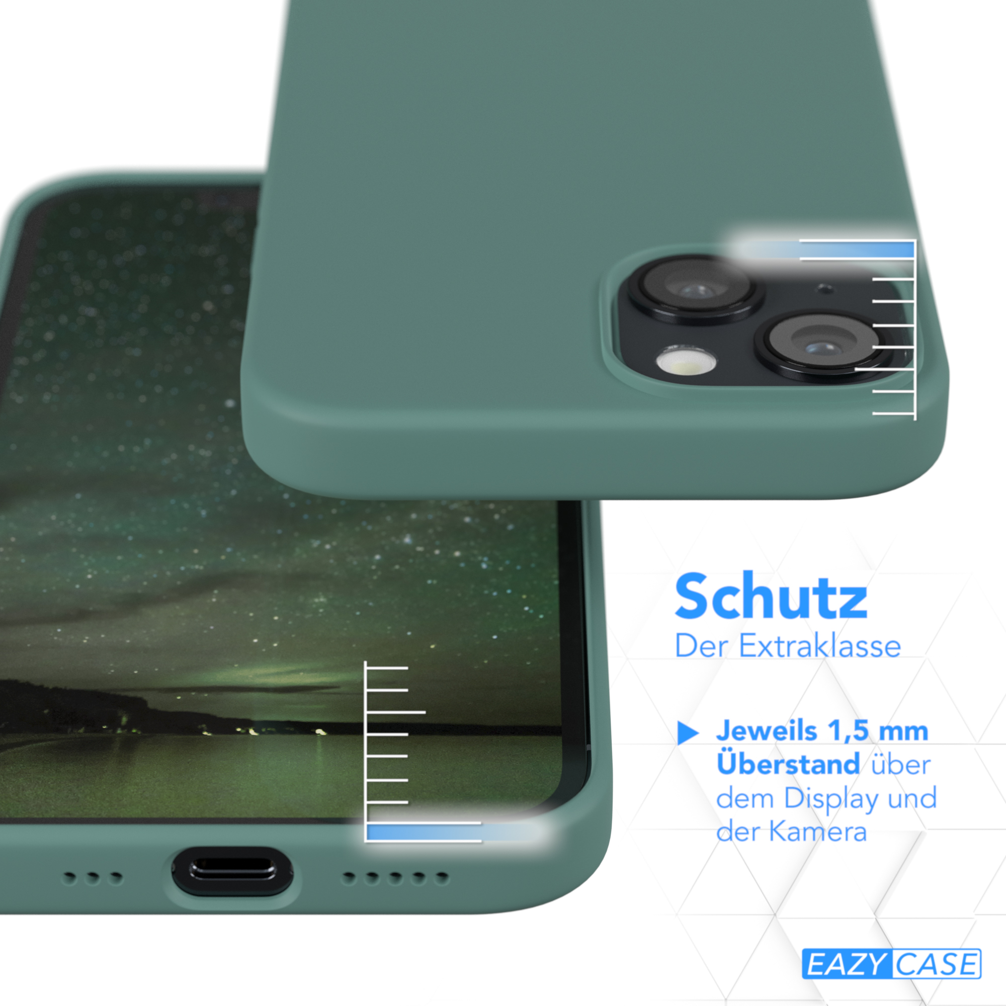 Grüne Handyhülle mit Text, der Schutzmerkmale hervorhebt, und ein Telefonbildschirm, der eine Landschaft zeigt.