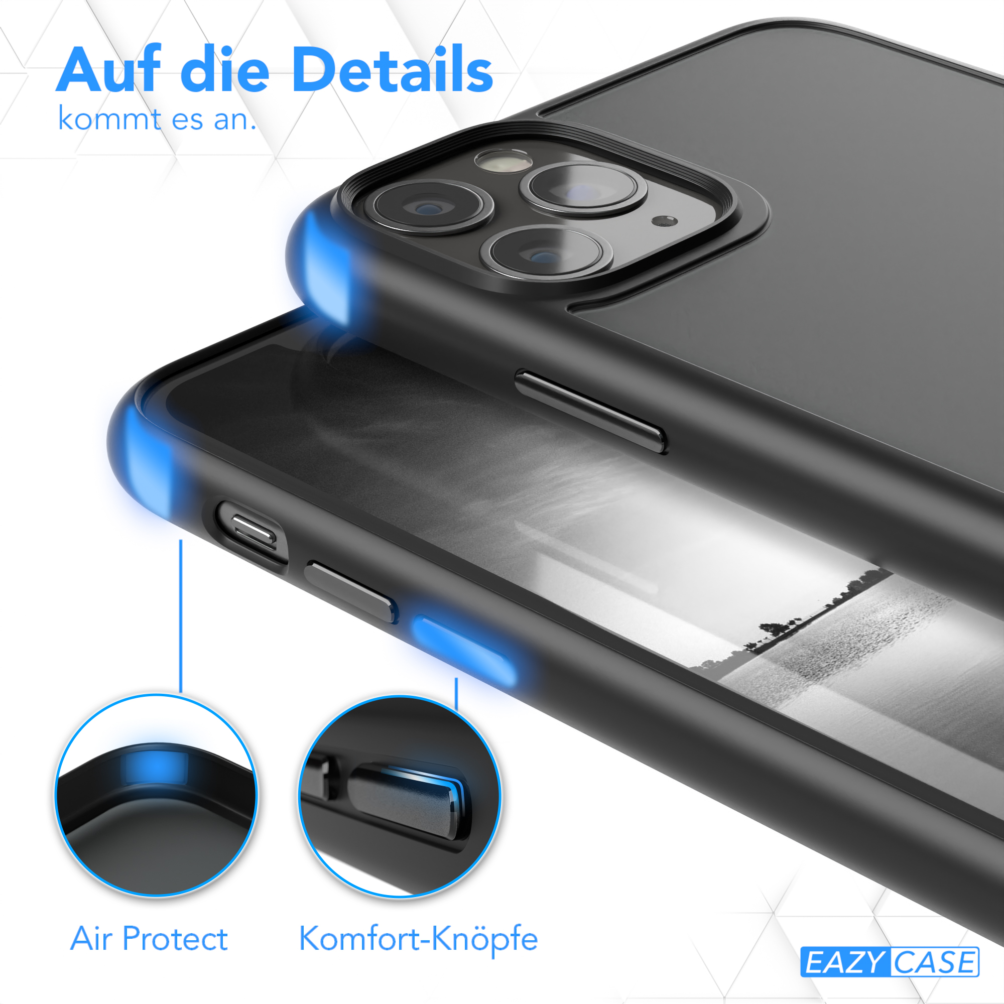 Schwarze Handyhülle mit blauen Akzenten. Nahaufnahme von Kanten und Knöpfen. Weißer Hintergrund.