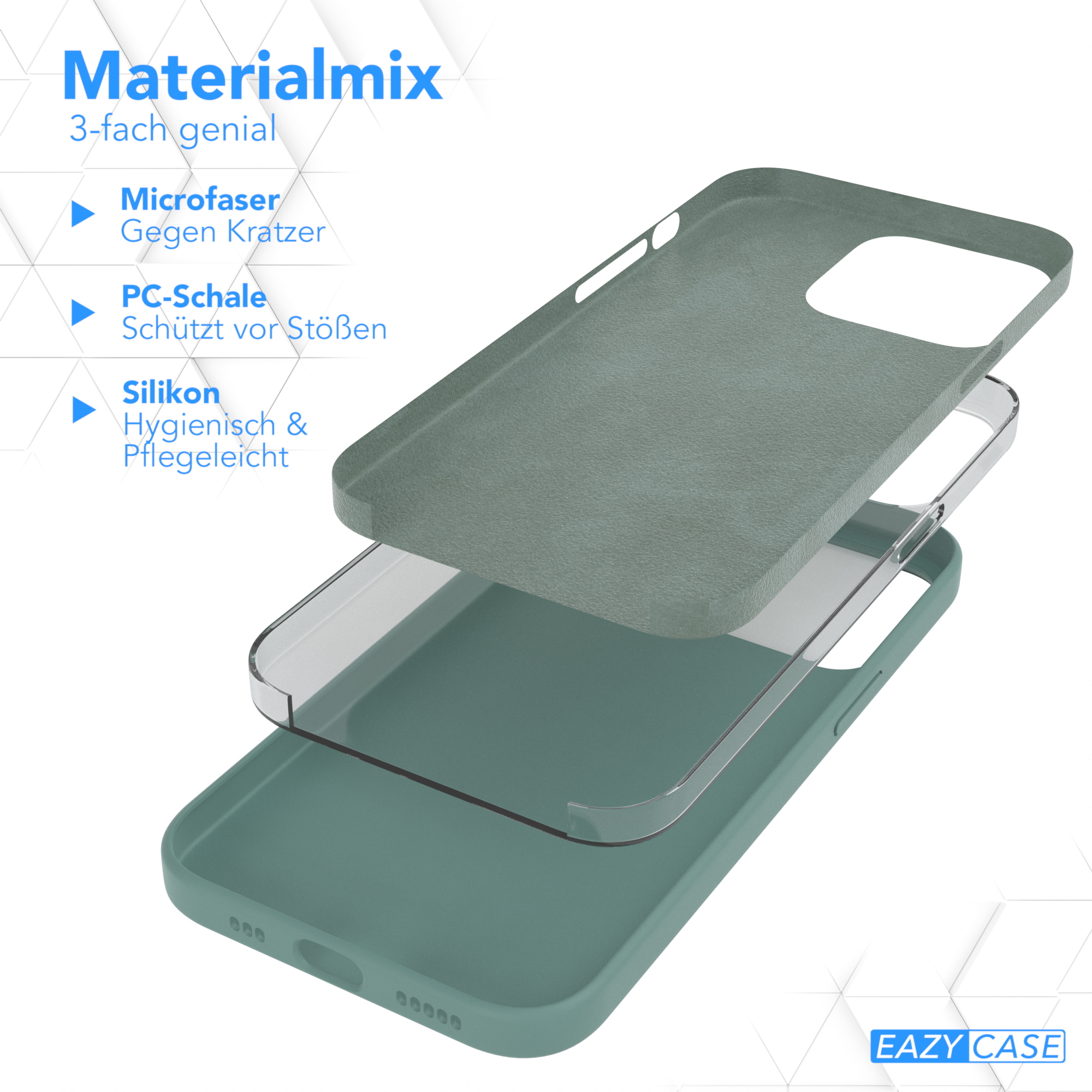 Explodierte Ansicht einer Handyhülle. Schichten: Mikrofaser, PC-Schale und Silikon. Text: Materialmix.