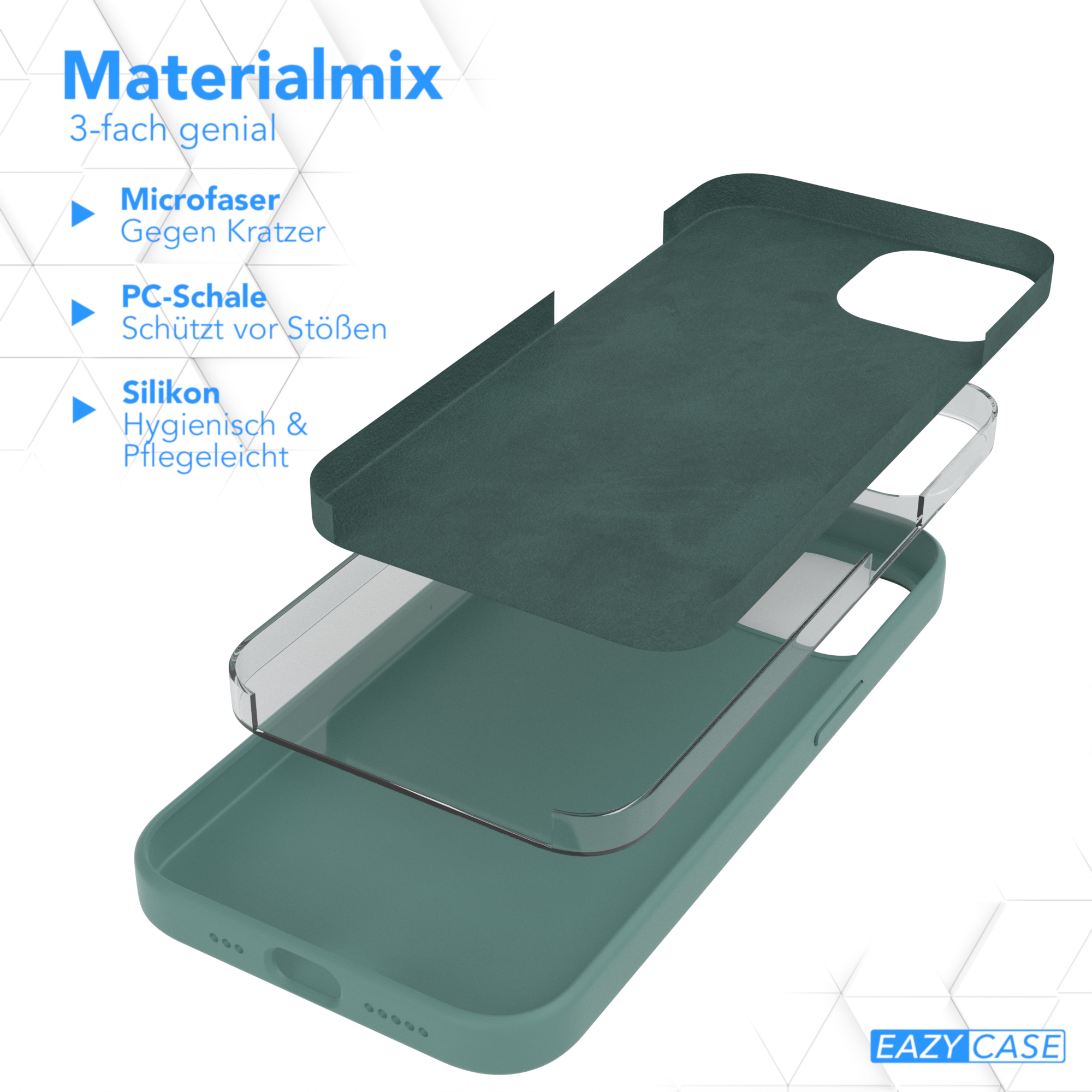 Handyhüllen-Schichten: Mikrofaser, PC-Schale und Silikon. Grüne Farbe.