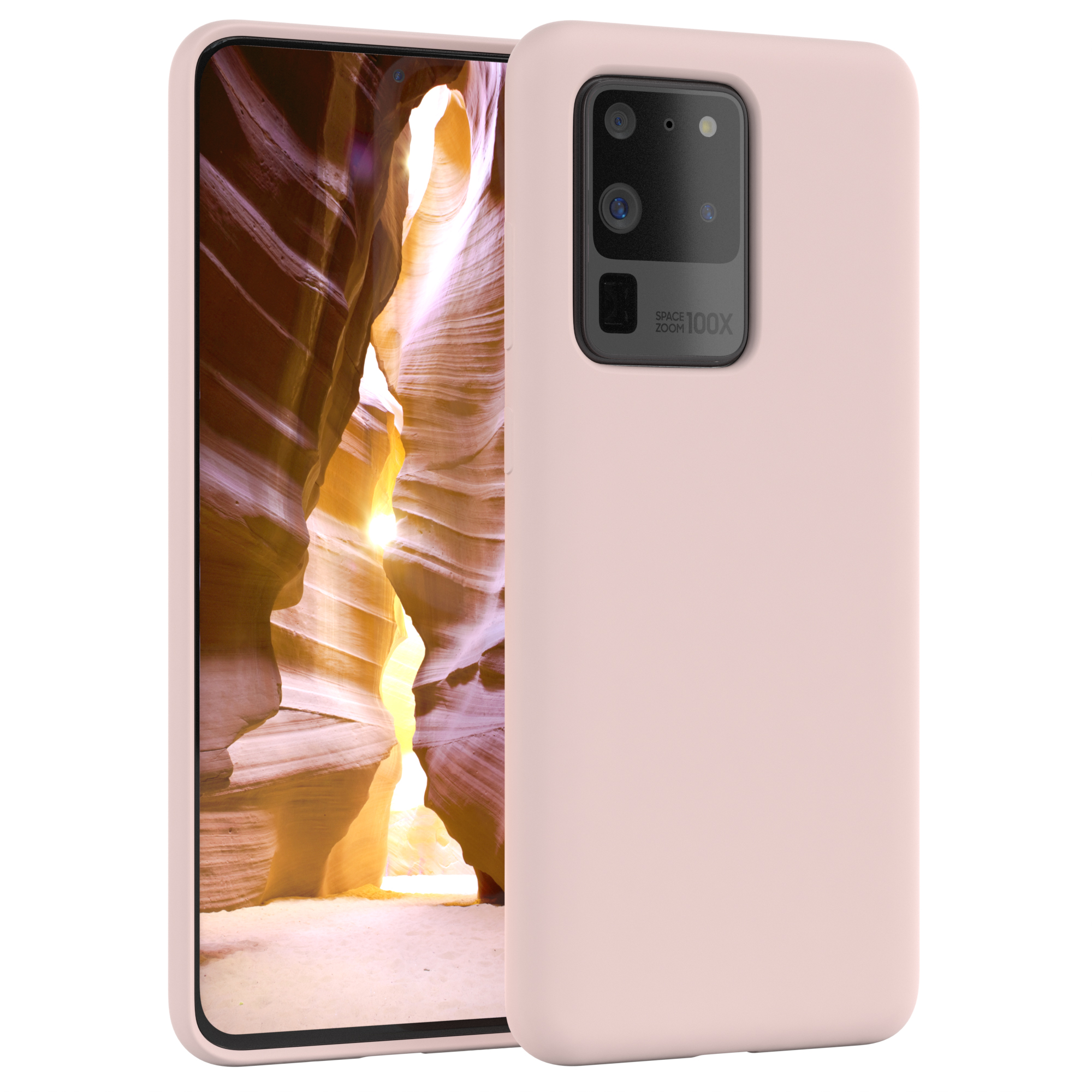 Rosa Handyhülle mit Telefon, das eine Canyon-Szene zeigt. Weißer Hintergrund.