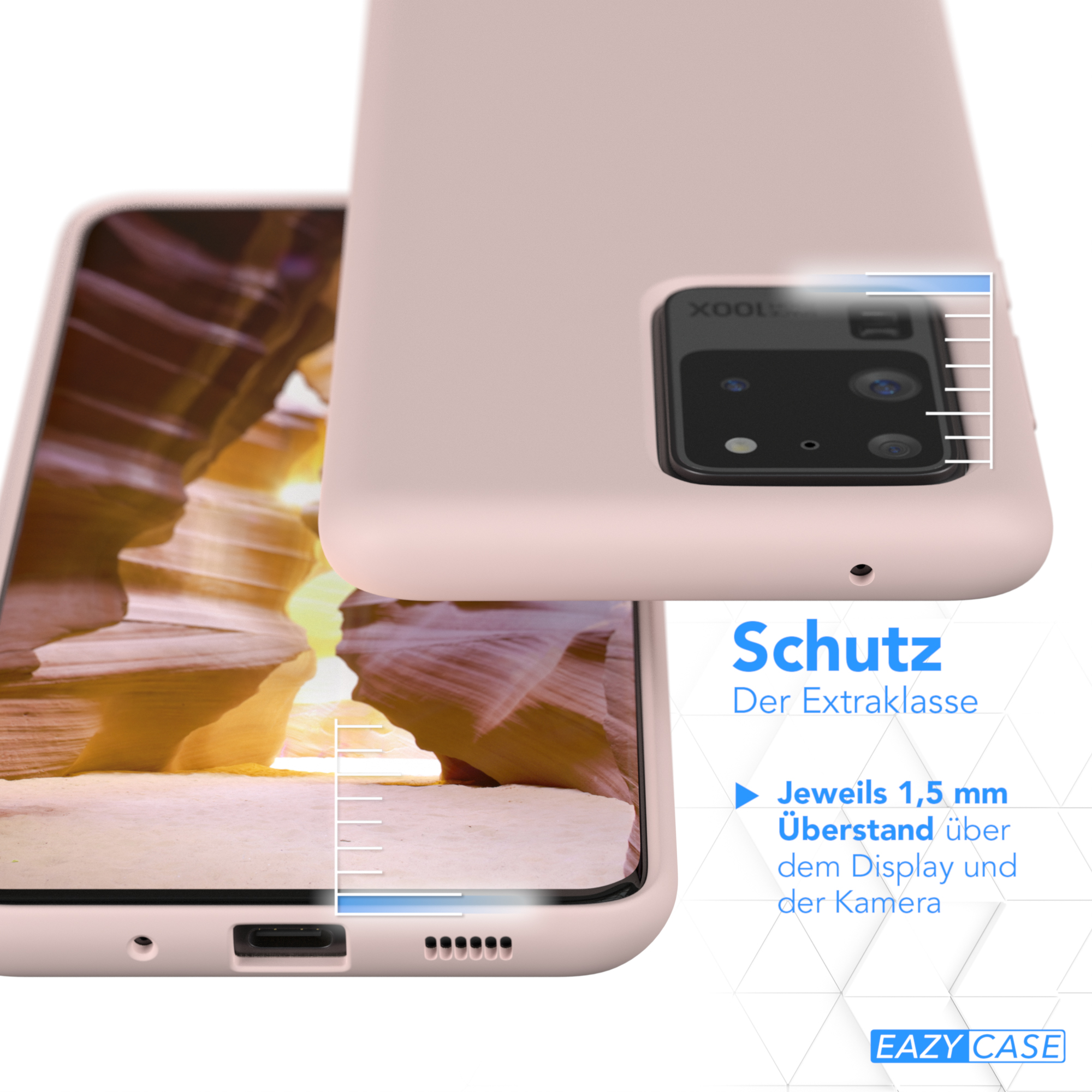 Zwei Handyhüllen. Eine rosa Hülle liegt über einem Telefon. Weißer Text wird angezeigt. Das Telefon hat 3 Kameras.