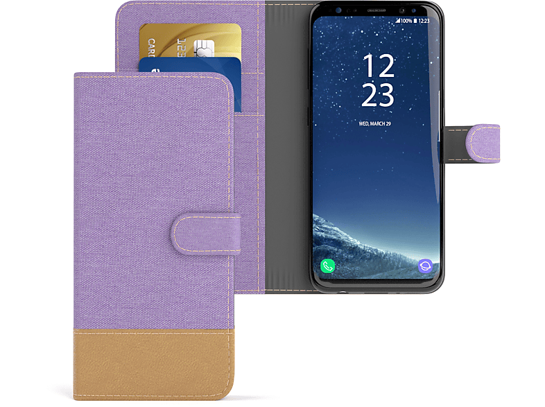 Samsung, Galaxy Violett S8, Klapphülle Jeans CASE Bookstyle Bookcover, EAZY Kartenfach, Lila mit