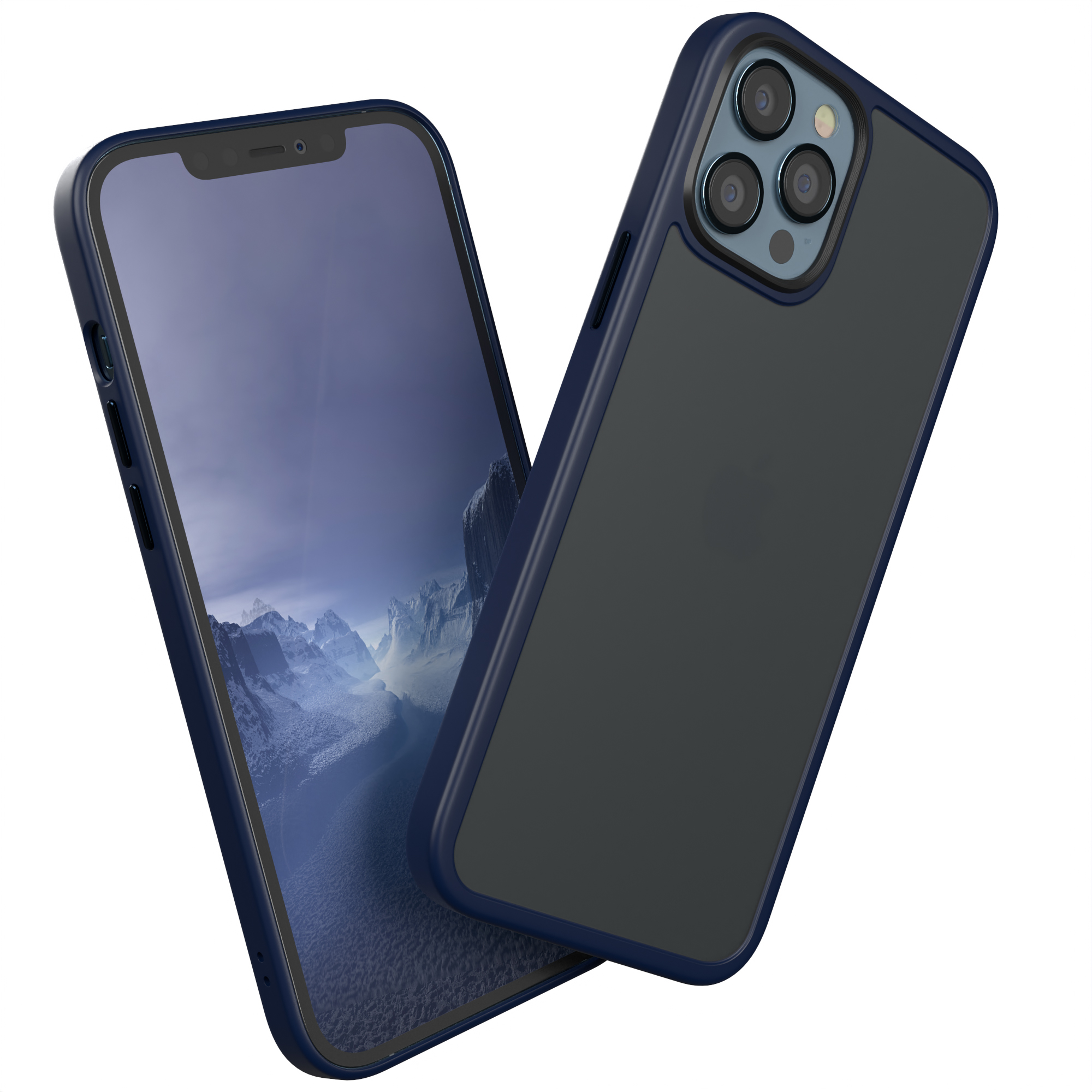 Eine dunkelblaue Handyhülle mit einem Telefon. Der Bildschirm zeigt ein dunkles Bild. Die Kamera ist sichtbar.