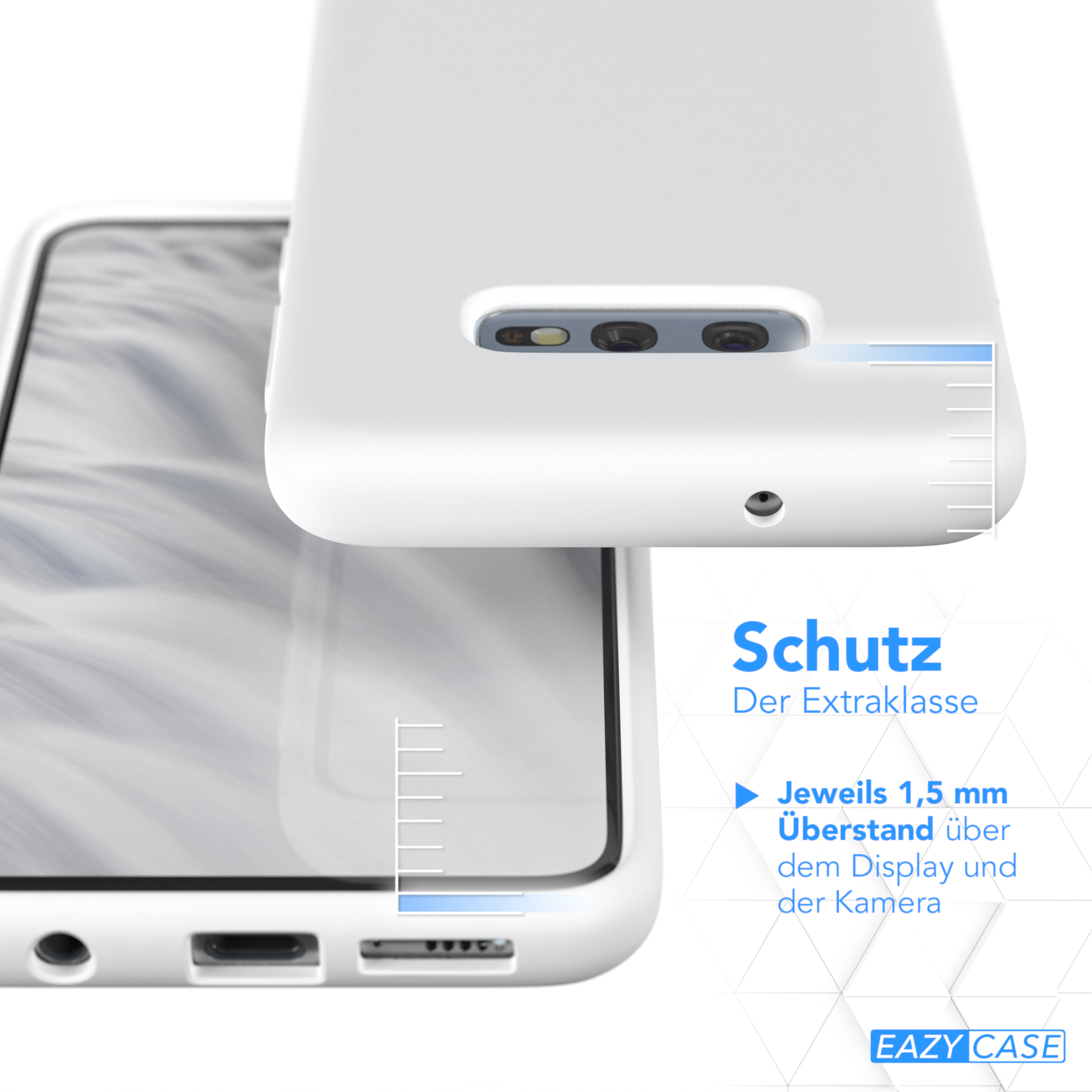Eine weiße Handyhülle mit einem weißen Telefon darin. Ein Lineal zeigt die Schutzmaße für den Bildschirm.