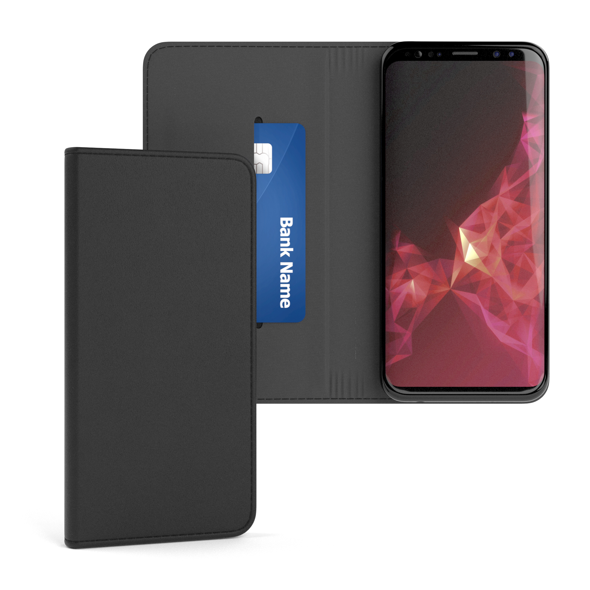 Schwarze Handyhülle, offen, um Telefon zu zeigen. Kreditkarte im Schlitz. Roter und rosa Hintergrund.