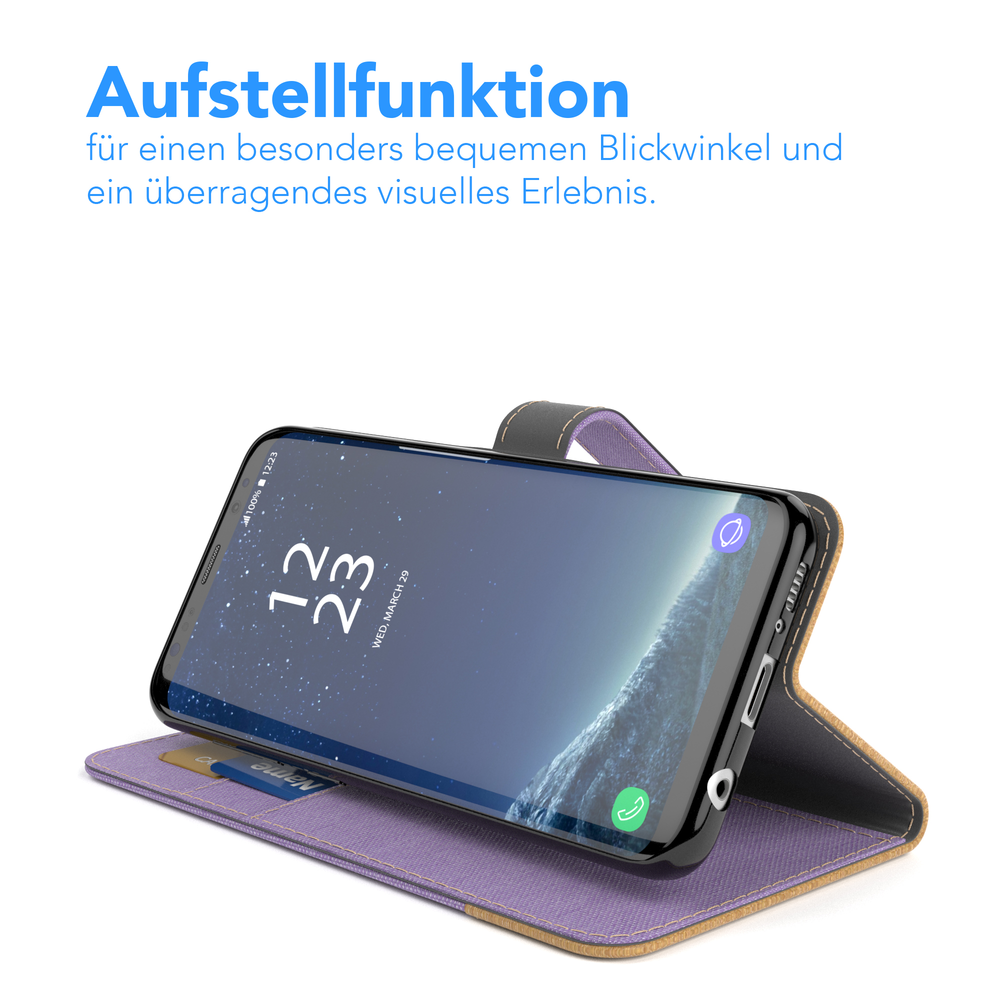 Telefon in einer Hülle. Hülle ist offen, zeigt ein lila Innere. Text: 'Bequemer Betrachtungswinkel'.
